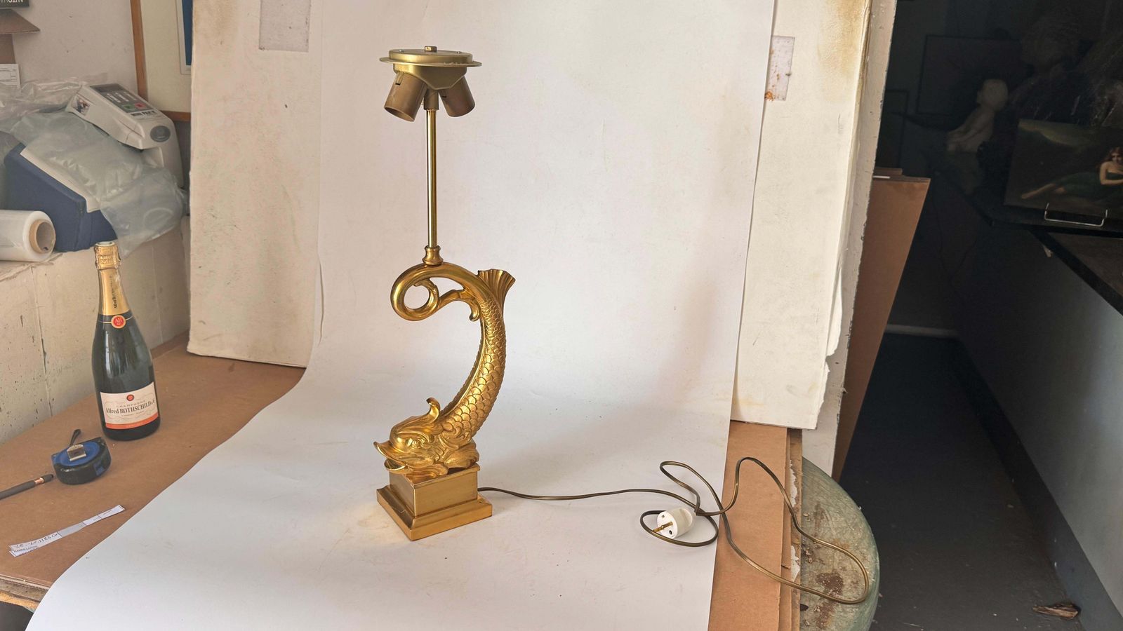 Large French Brass & Gilt Metal Fish Table Lamp – 1970s photo vinterior