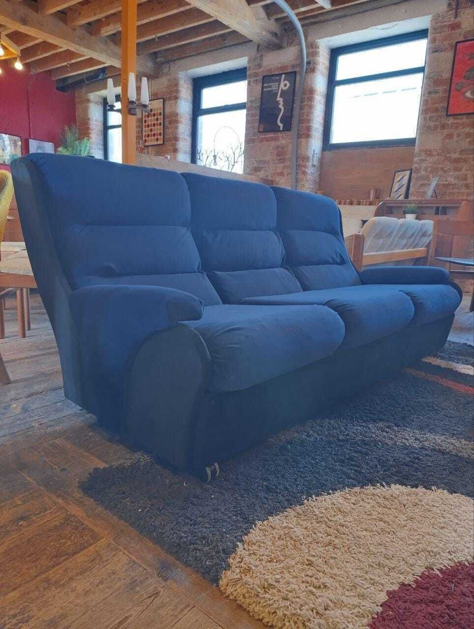 Vintage 1970s Mid Century Three Piece Suite   Ocean Blue & Black Velvet   Newly Upholstered photo vinterior