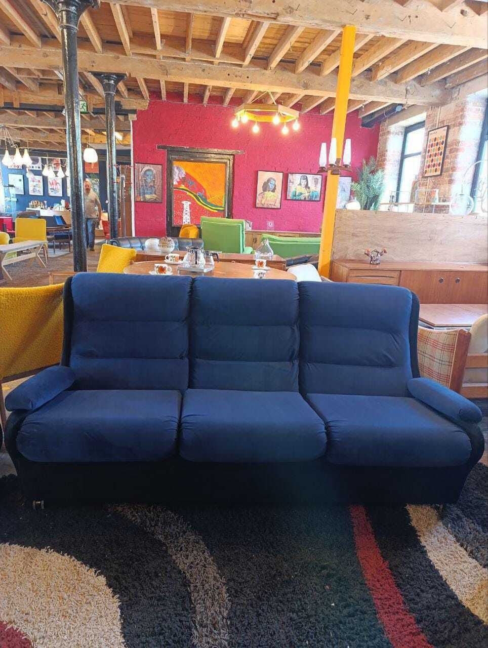 Vintage 1970s Mid Century Three Piece Suite   Ocean Blue & Black Velvet   Newly Upholstered photo for sale