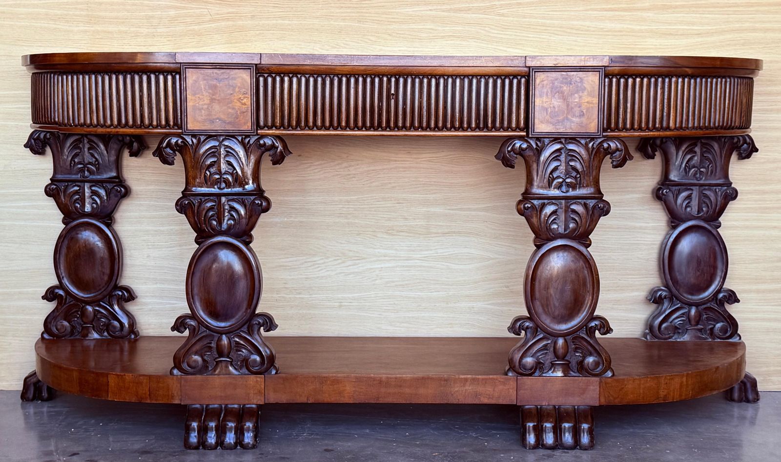 English Carved Console With Book Matched Veneer And Three Drawers photo furniture