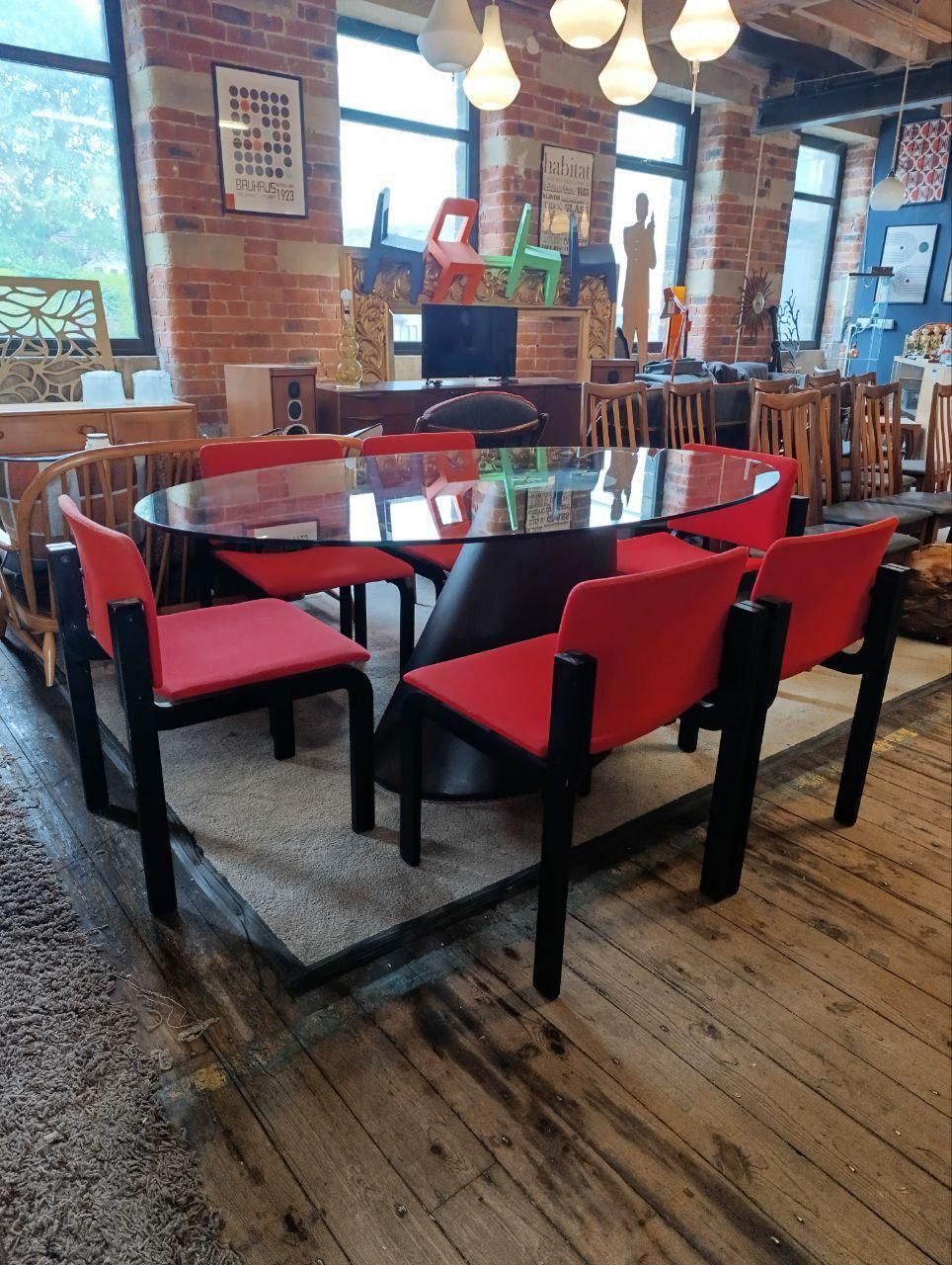 Custom Mid Century Style Walnut & Glass Dining Table With 6 Fritz Hansen Chairs   1980s Italian/Danish Set photo for sale