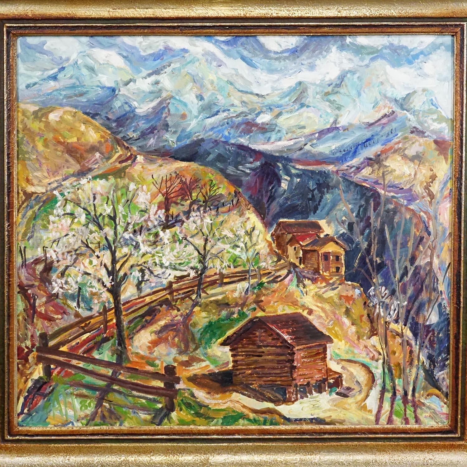Alexander Michael Oil Painting – Mountain Huts, 1980 photo for sale