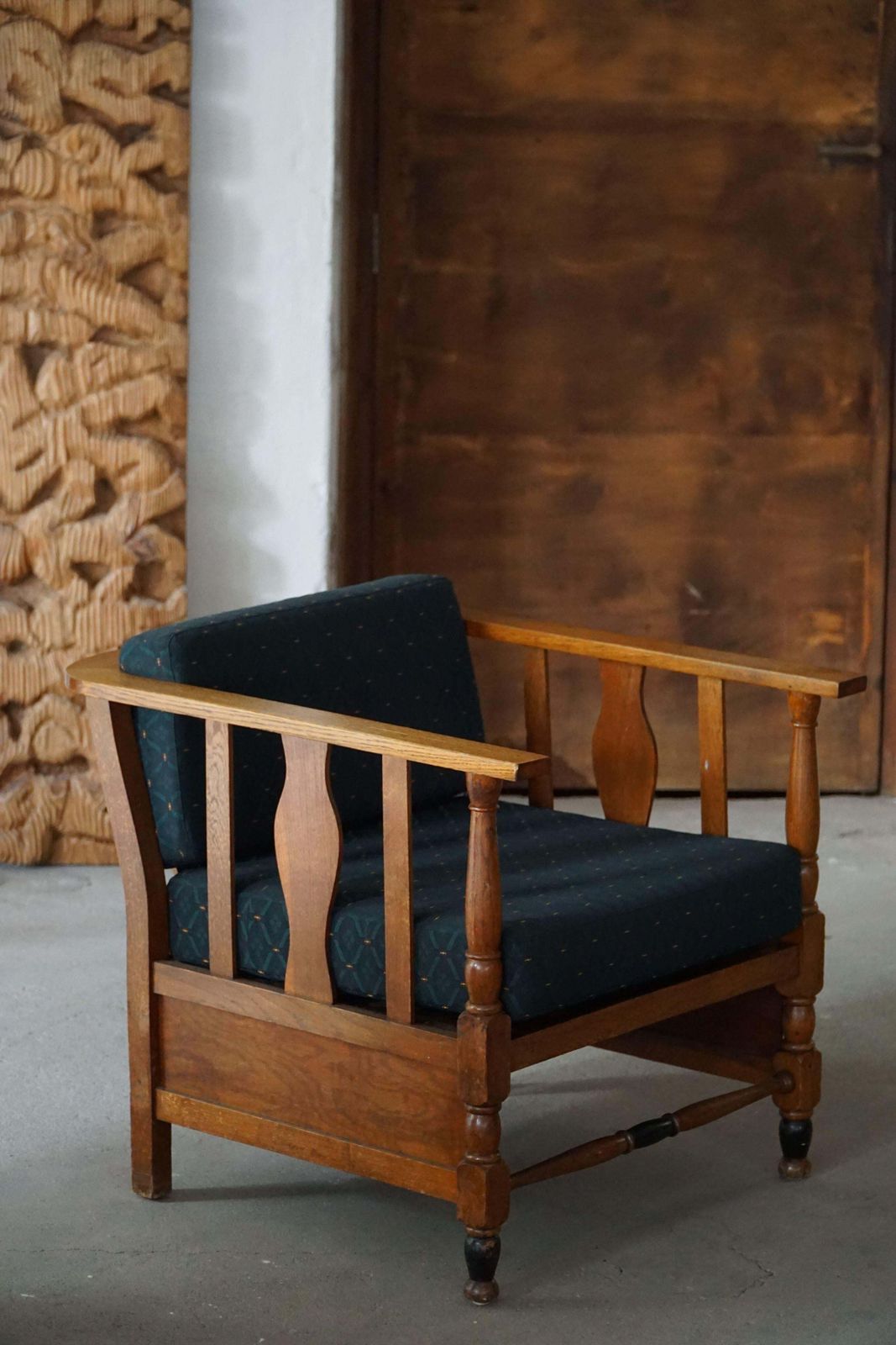 Art Nouveau, Pair Of Lounge Chairs In Oak, Reupholstered In Style Fabric, 1920s photo for sale