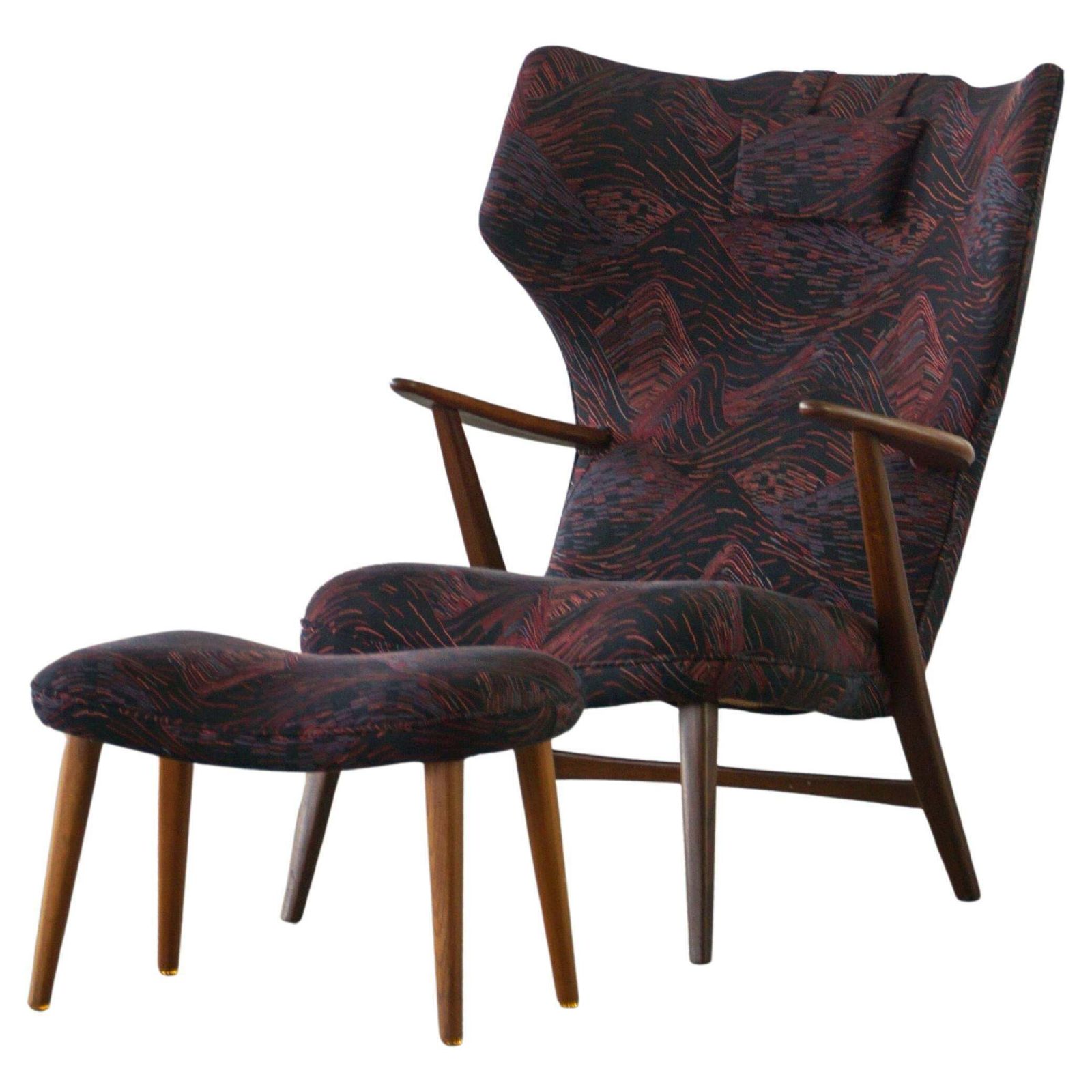 Madsen & Schubell, Wingback Lounge Chair & Stool In Teak, Reupholstered, 1950s