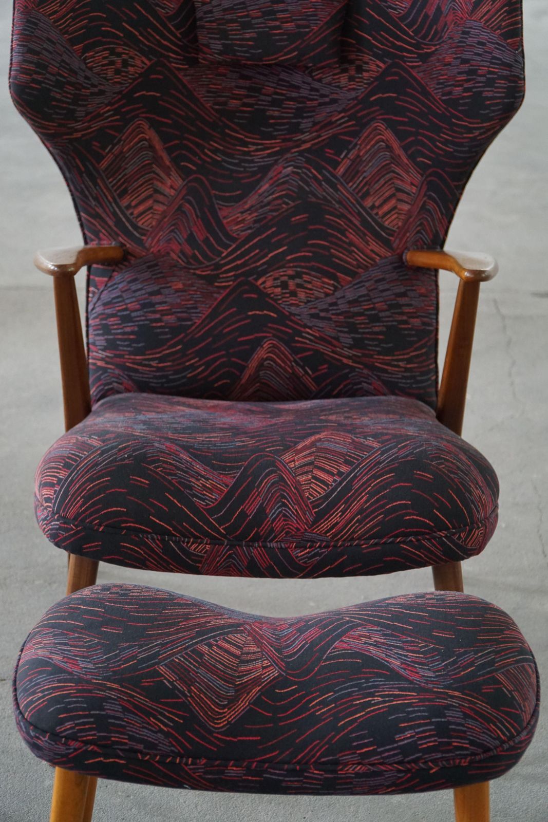 photo for sale Madsen & Schubell, Wingback Lounge Chair & Stool In Teak, Reupholstered, 1950s