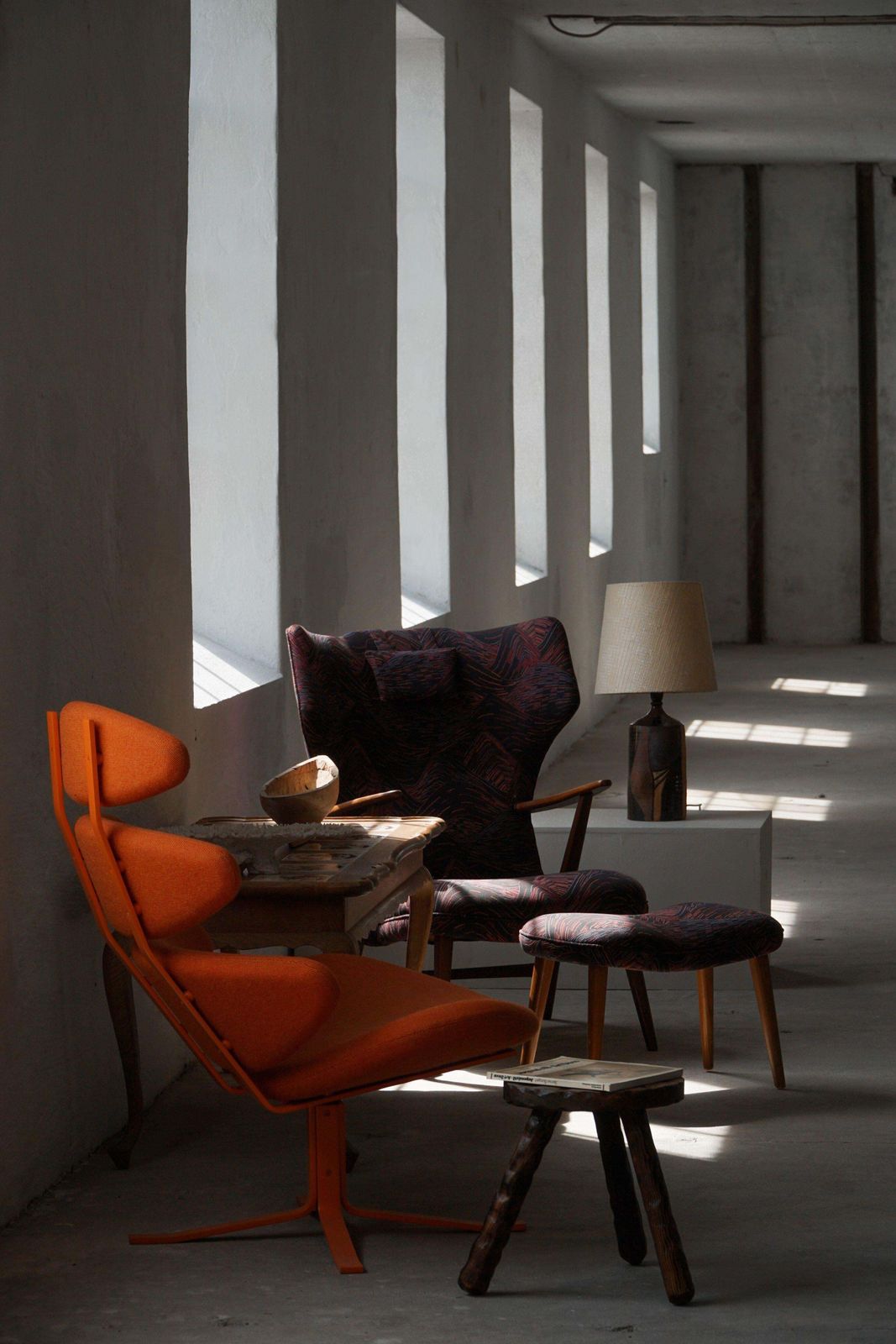 photo buy Madsen & Schubell, Wingback Lounge Chair & Stool In Teak, Reupholstered, 1950s