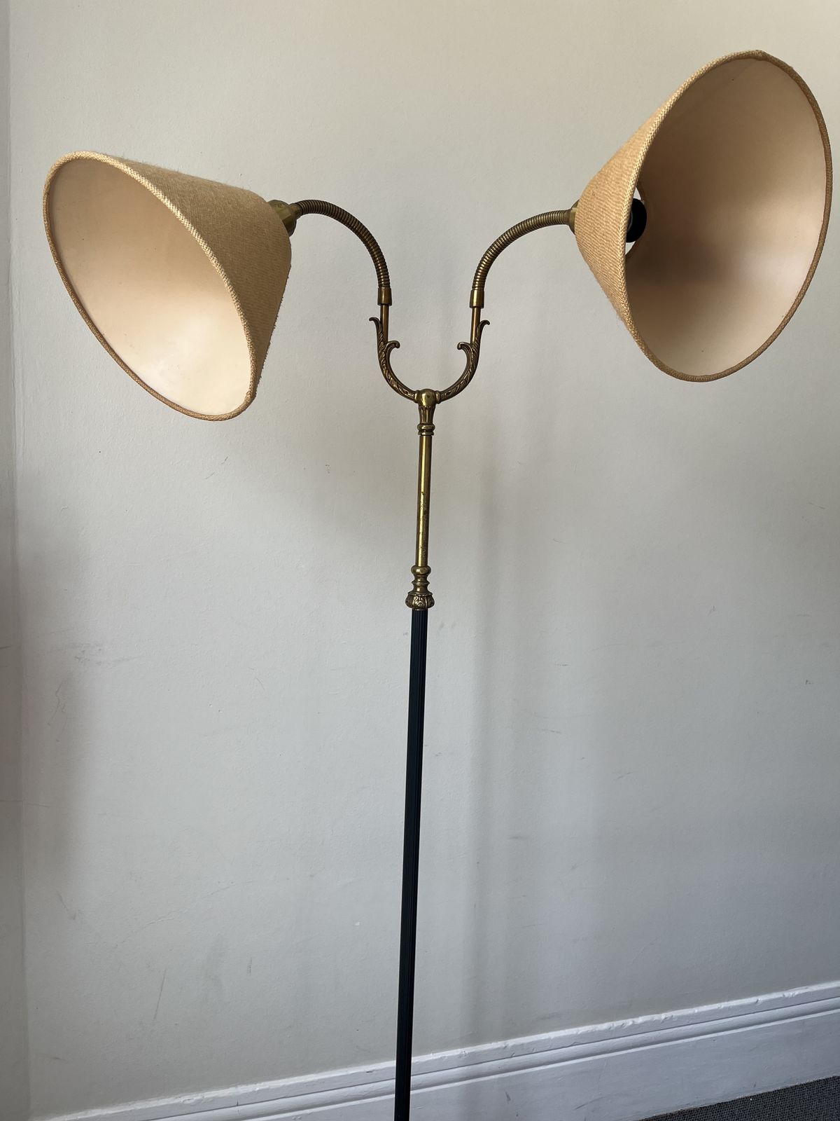 Vintage Twin Swan Neck Floor Lamp – Brass & Black Enamel – Melrose Style – Rewired –1940s 60s photo 375.0