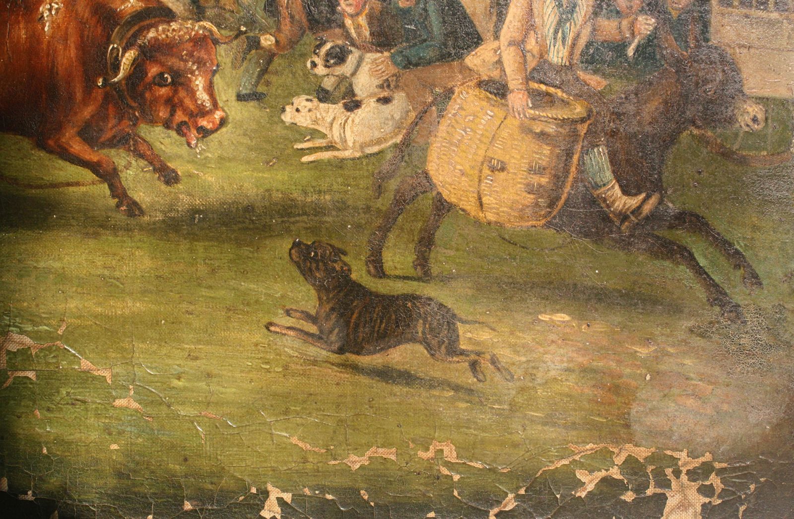 photo vintage Late Naive English School "Bull Broke Loose" Bull Baiting Oil On Canvas