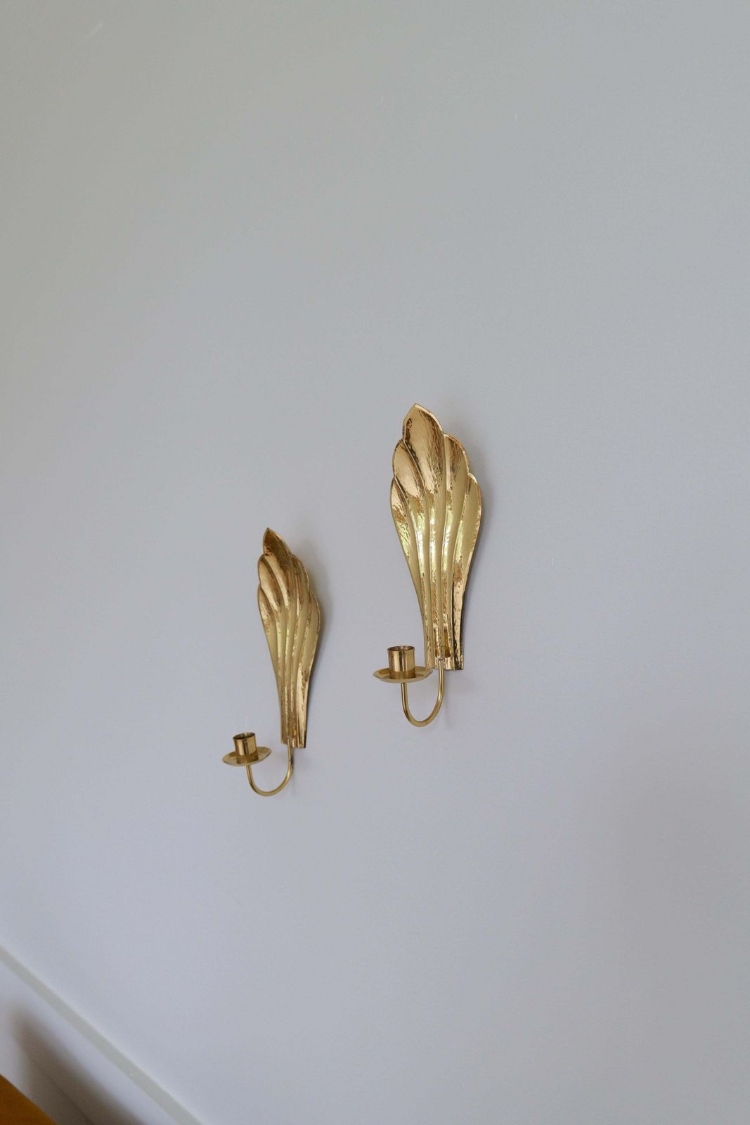 Art Deco Pair Of Brass Wall Candlesticks Holmström, Arvika, Sweden, 1950s photo vintage