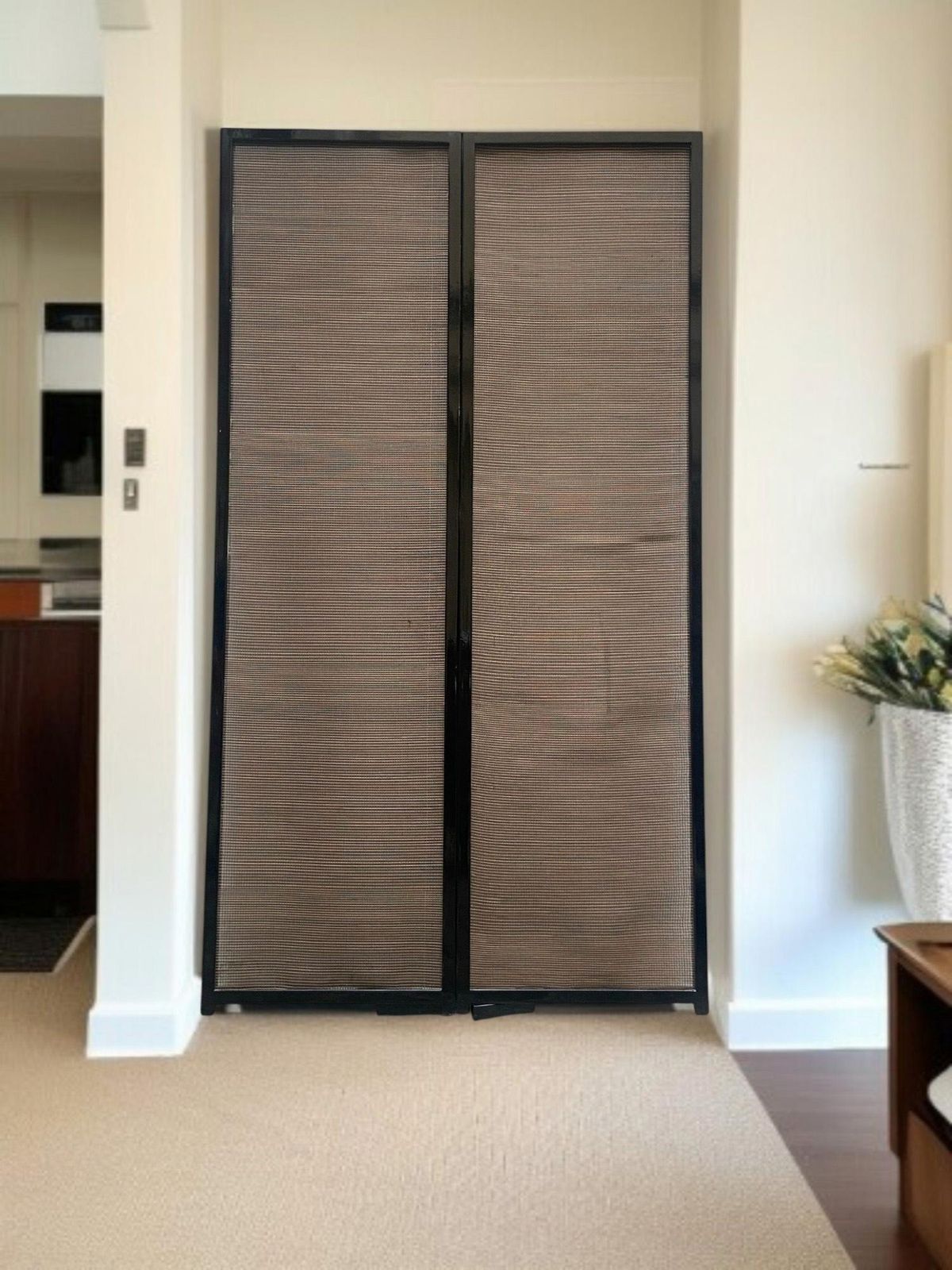 Elegant Folding Screen In Black Lacquered Wood And Natural Reed, Italy 70s photo buy