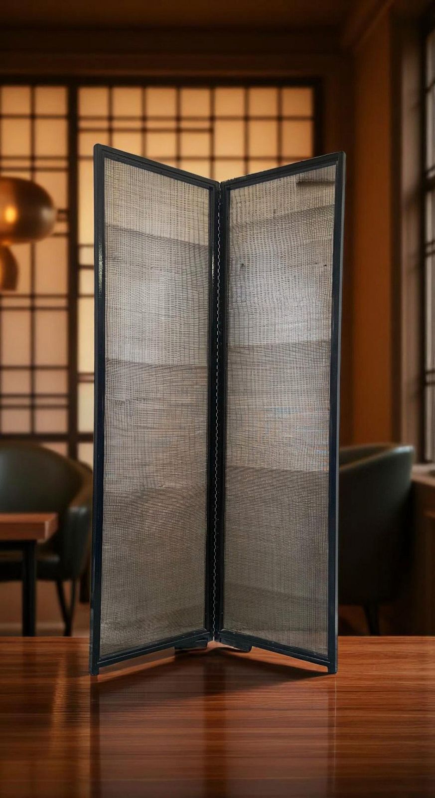 Elegant Folding Screen In Black Lacquered Wood And Natural Reed, Italy 70s photo vintage