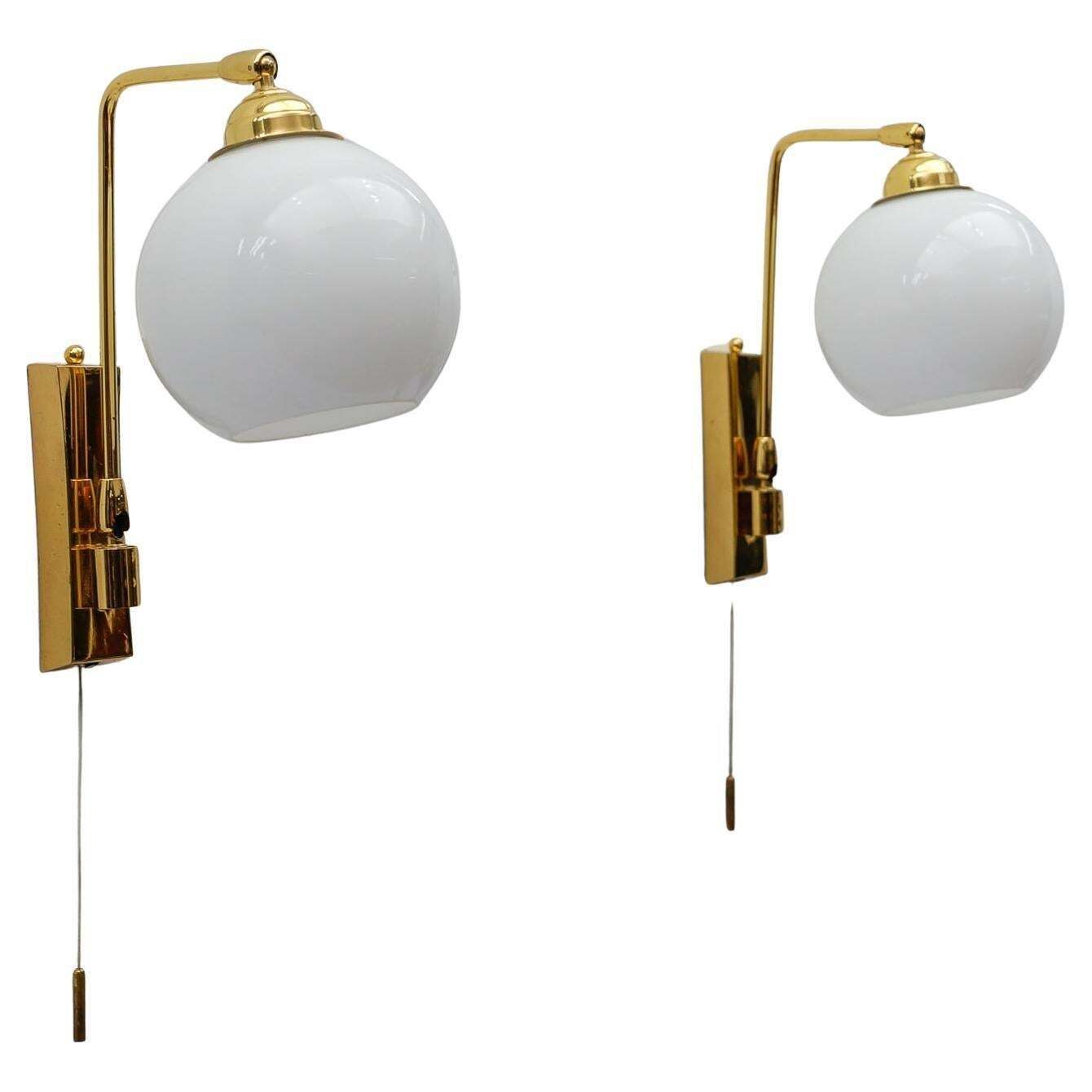 Pair Of Lovely Mid Century Modern Wall Lamps In Brass And Milk Glass, 1960s
