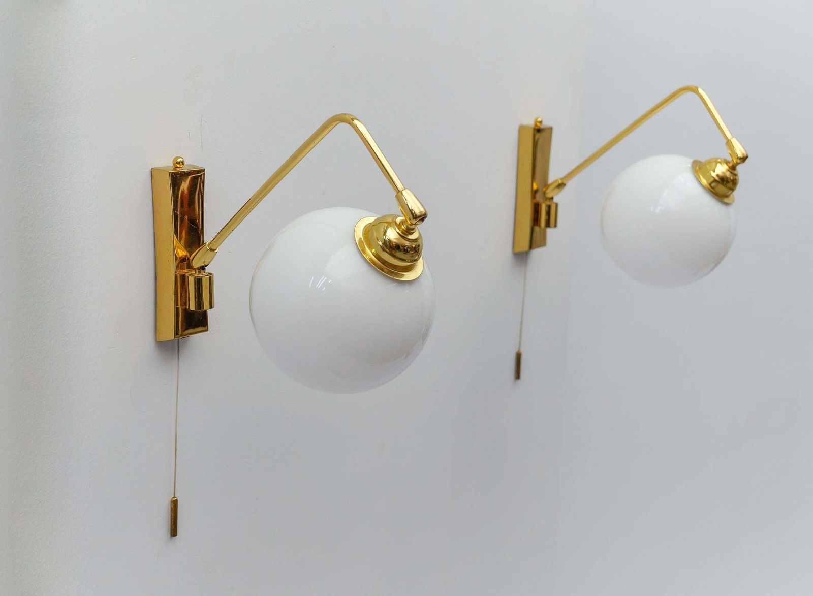 Pair Of Lovely Mid Century Modern Wall Lamps In Brass And Milk Glass, 1960s photo vintage