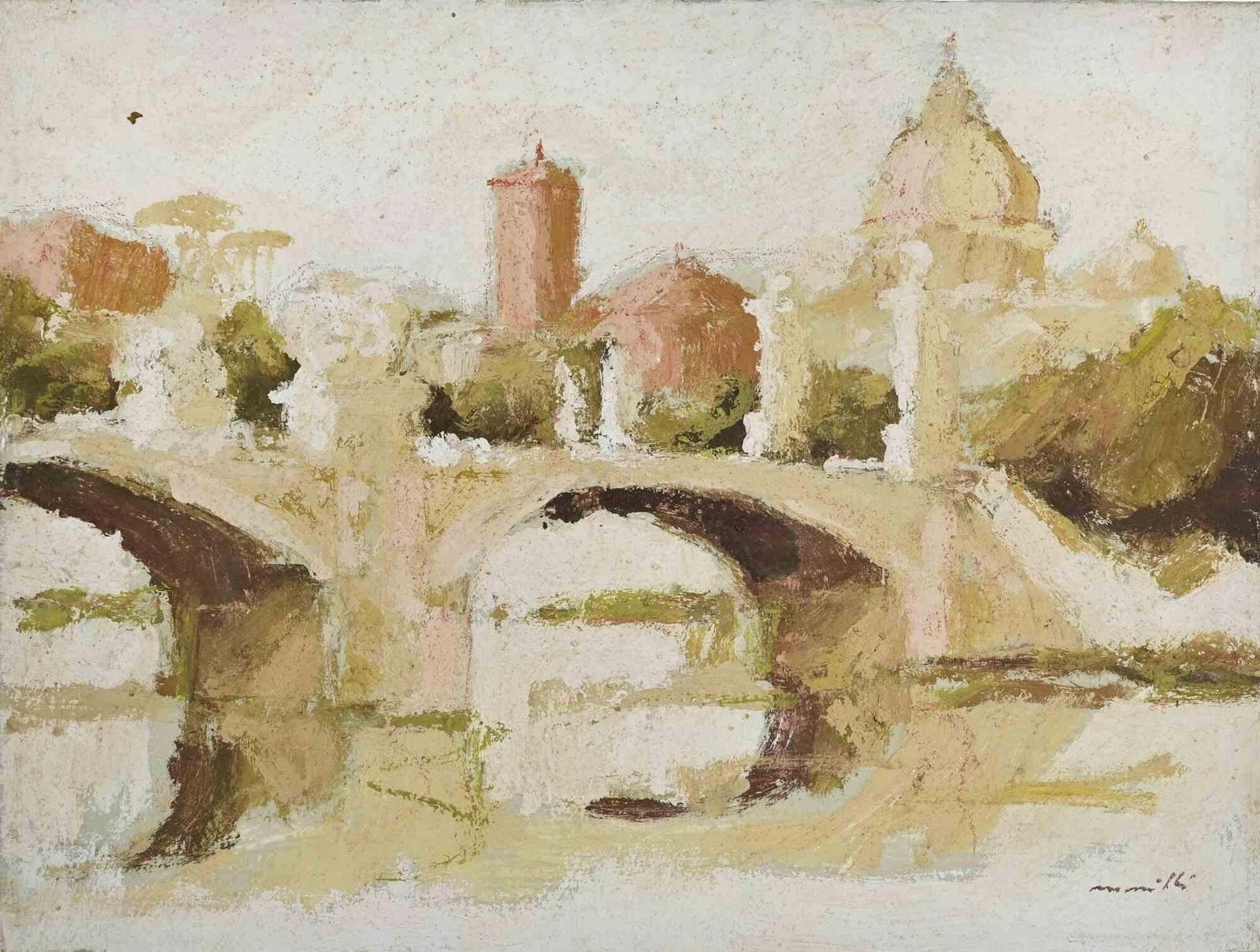 Franco Marzillibridge In Rome   Oil Painting By Franco Marzilli   1970s1970s
