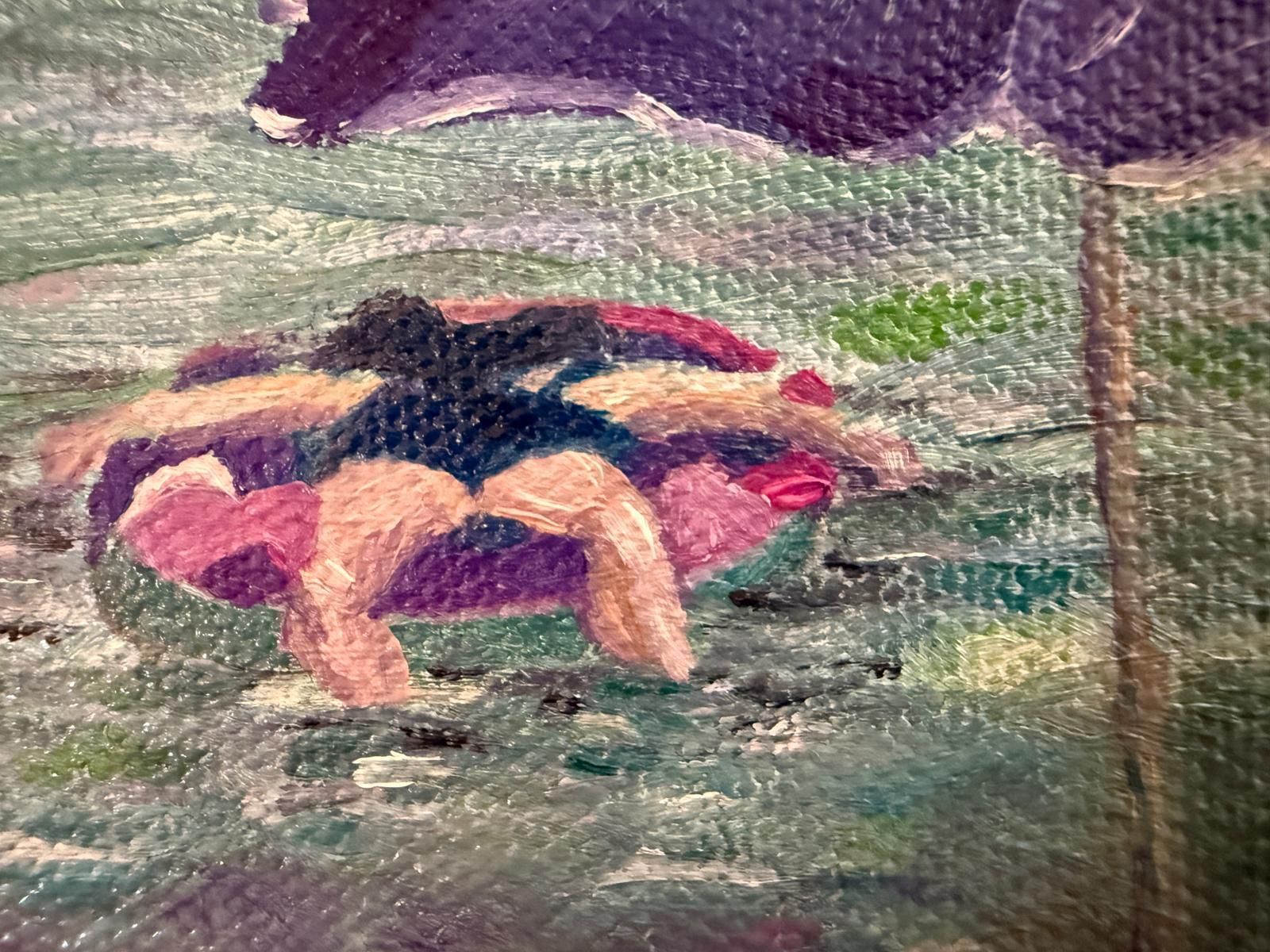 Bernadette Van Baarsen Turquoise And Violet Beach Scene. Côte D'azur, France. Oil On Canvas.2025 photo for sale
