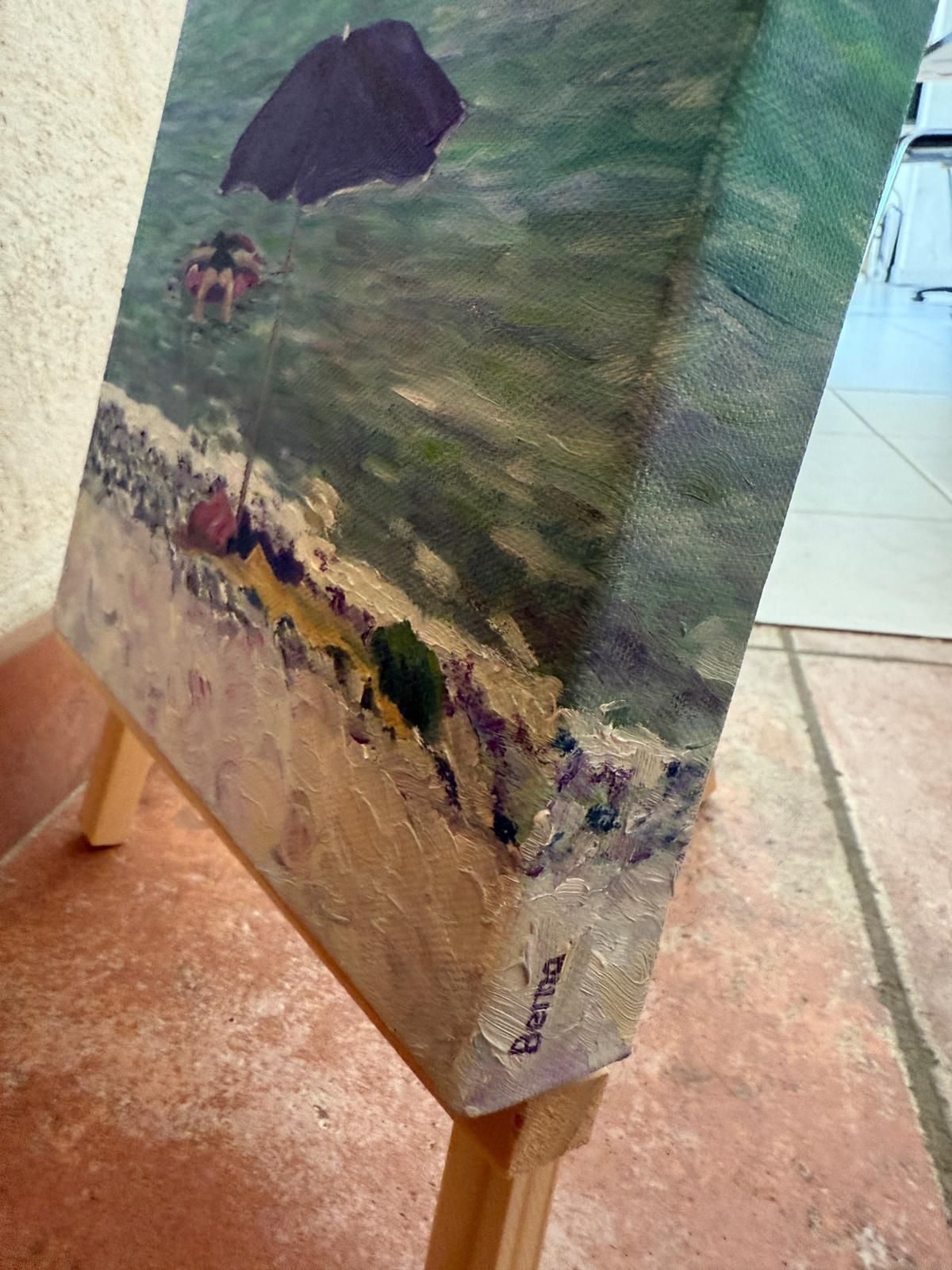 photo vinterior Bernadette Van Baarsen Turquoise And Violet Beach Scene. Côte D'azur, France. Oil On Canvas.2025