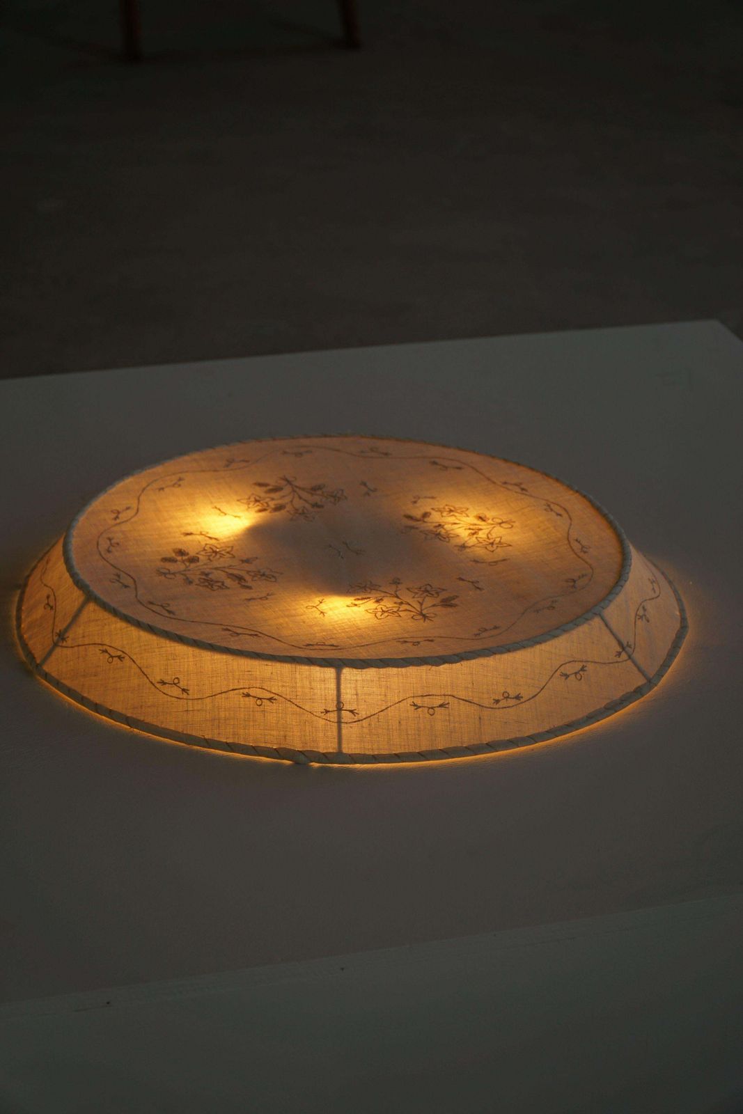 photo for sale Large Swedish Mid Century Ceiling / Wall Sconce In Linen And Lace, Sweden, 1950s