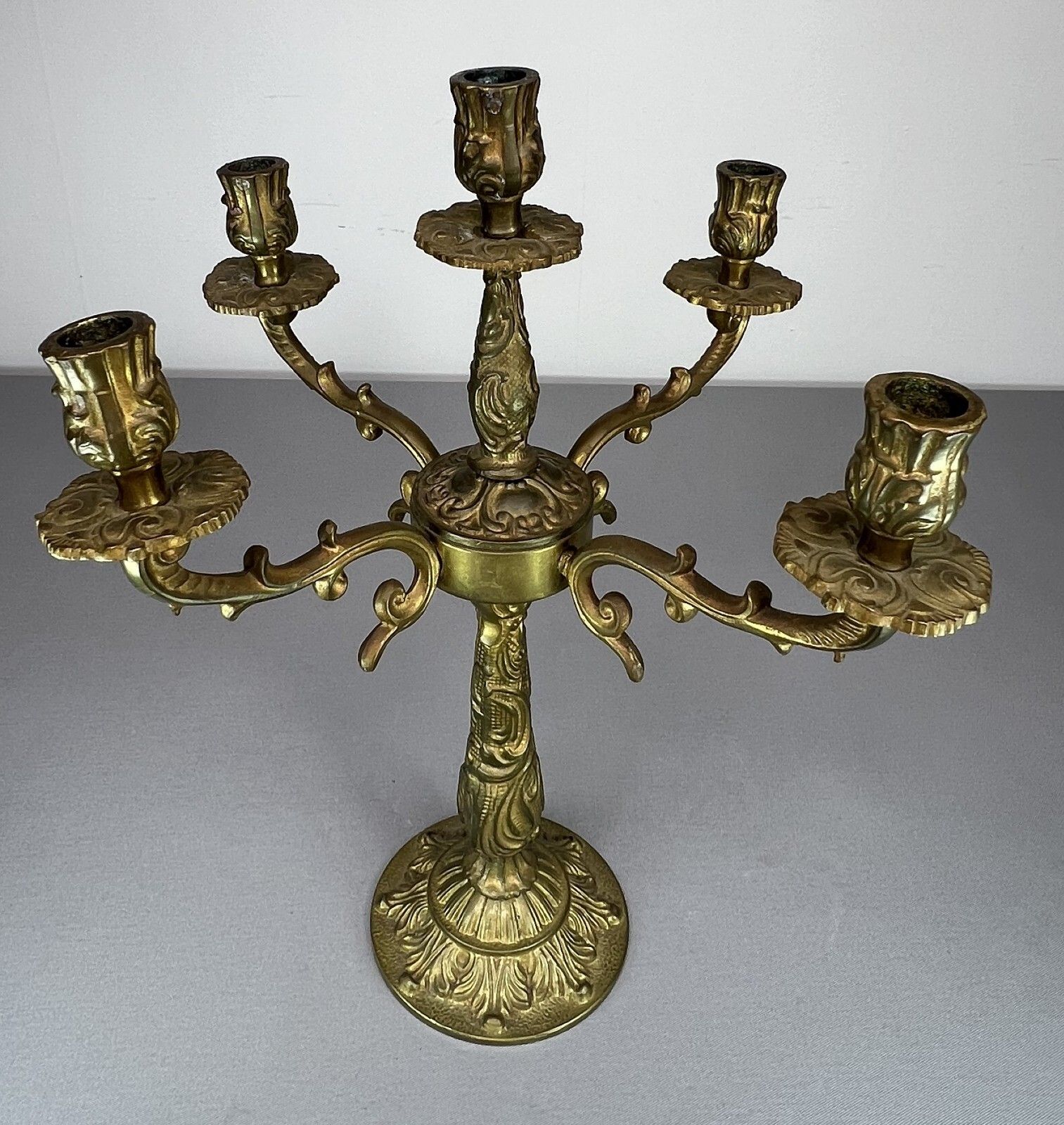 Carved Five Arm French Vintage Brass Candelabra (Lot 5149) photo vintage