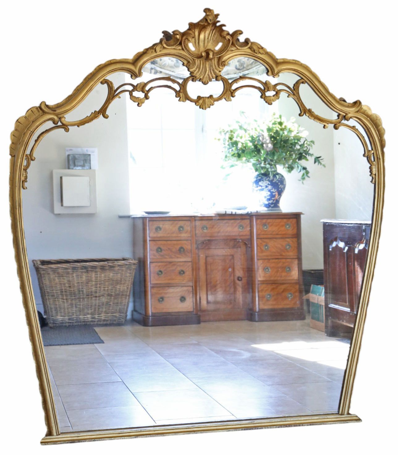 Large C1920 Antique Giltwood Overmantel Wall Mirror – Ornate Gold Frame, Statement Piece photo furniture