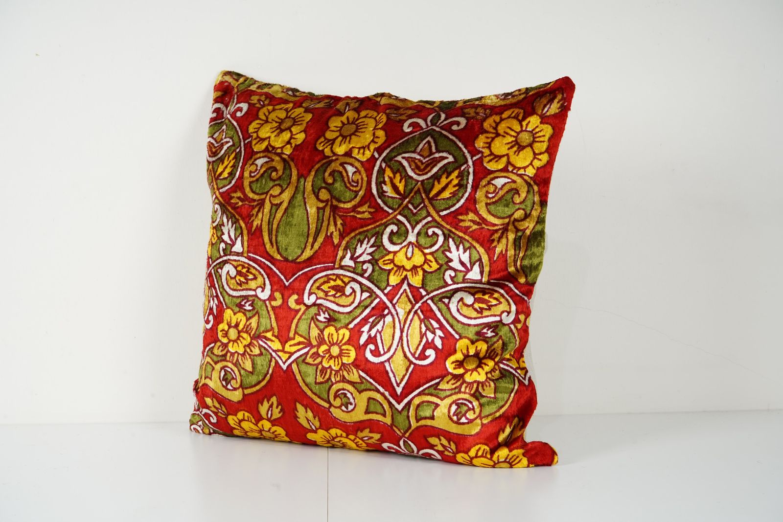 Yellow Velvet Bohemian Cushion Cover  Vintage Floral Square Pillow Case, Soft Velvet Decorative Throw Pillow Cover photo 50.0