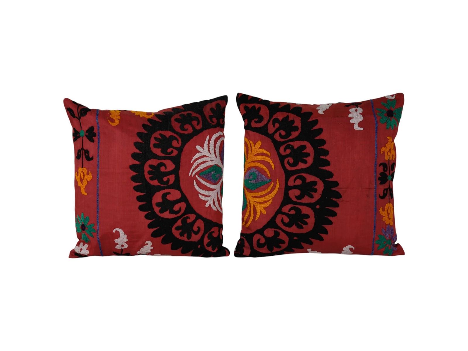 Set Of Two Red And Black Suzani Cushion Cover, Suzani Pillow Case Made From A 19th Century Suzani, Pair Uzbek Cushion Cover