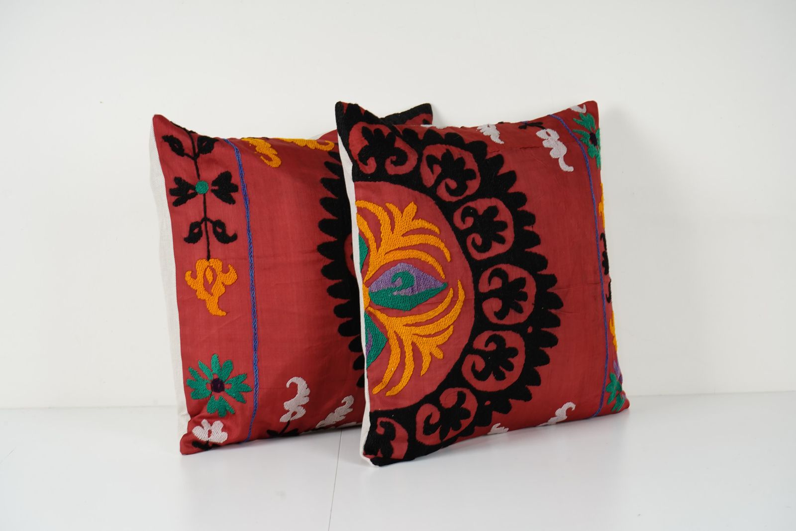 Set Of Two Red And Black Suzani Cushion Cover, Suzani Pillow Case Made From A 19th Century Suzani, Pair Uzbek Cushion Cover photo 110.0