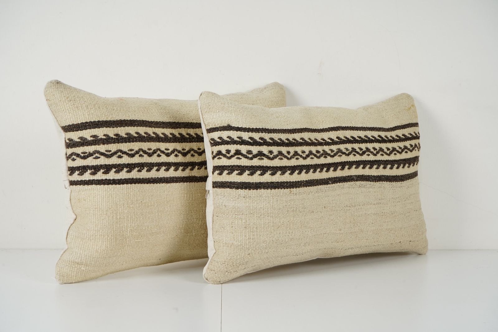 Hemp Turkish Kilim Pillow Set Of 2, Vintage Neutral Organic Sisal Lumbar Pillows photo Textiles