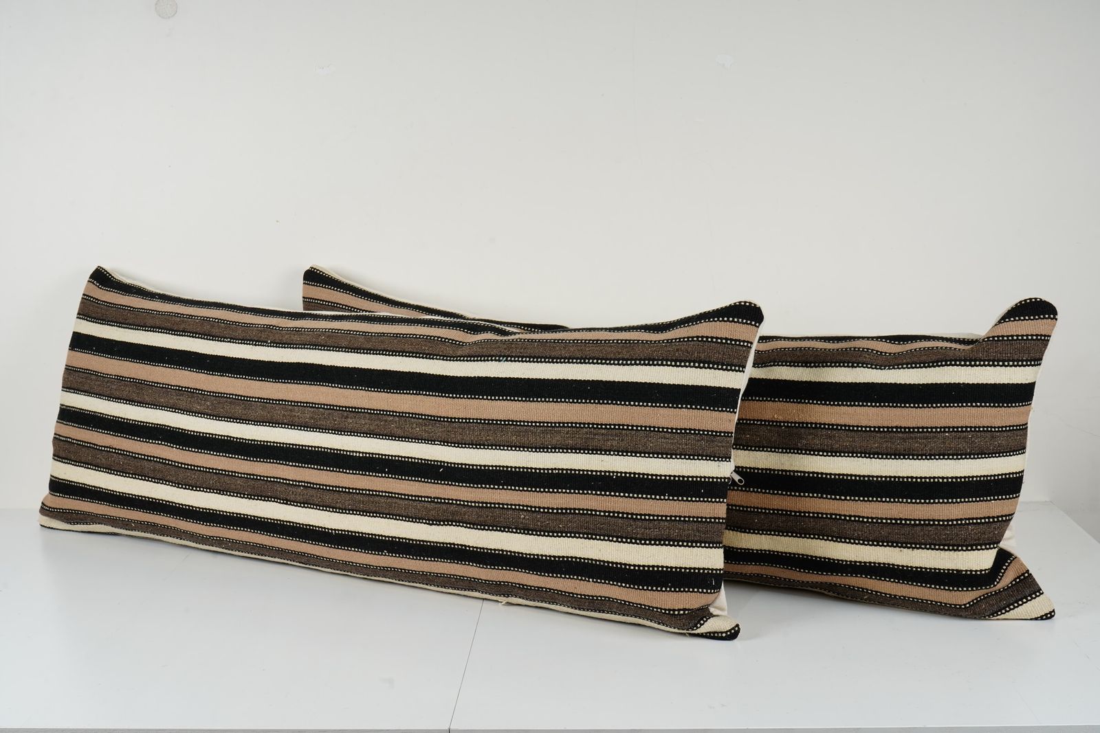 Vintage Turkish Hemp Kilim Pillow Cover Set Of 2 – Organic White Striped Anatolian Cushion Covers Tribal Boho Decor Pair photo for sale
