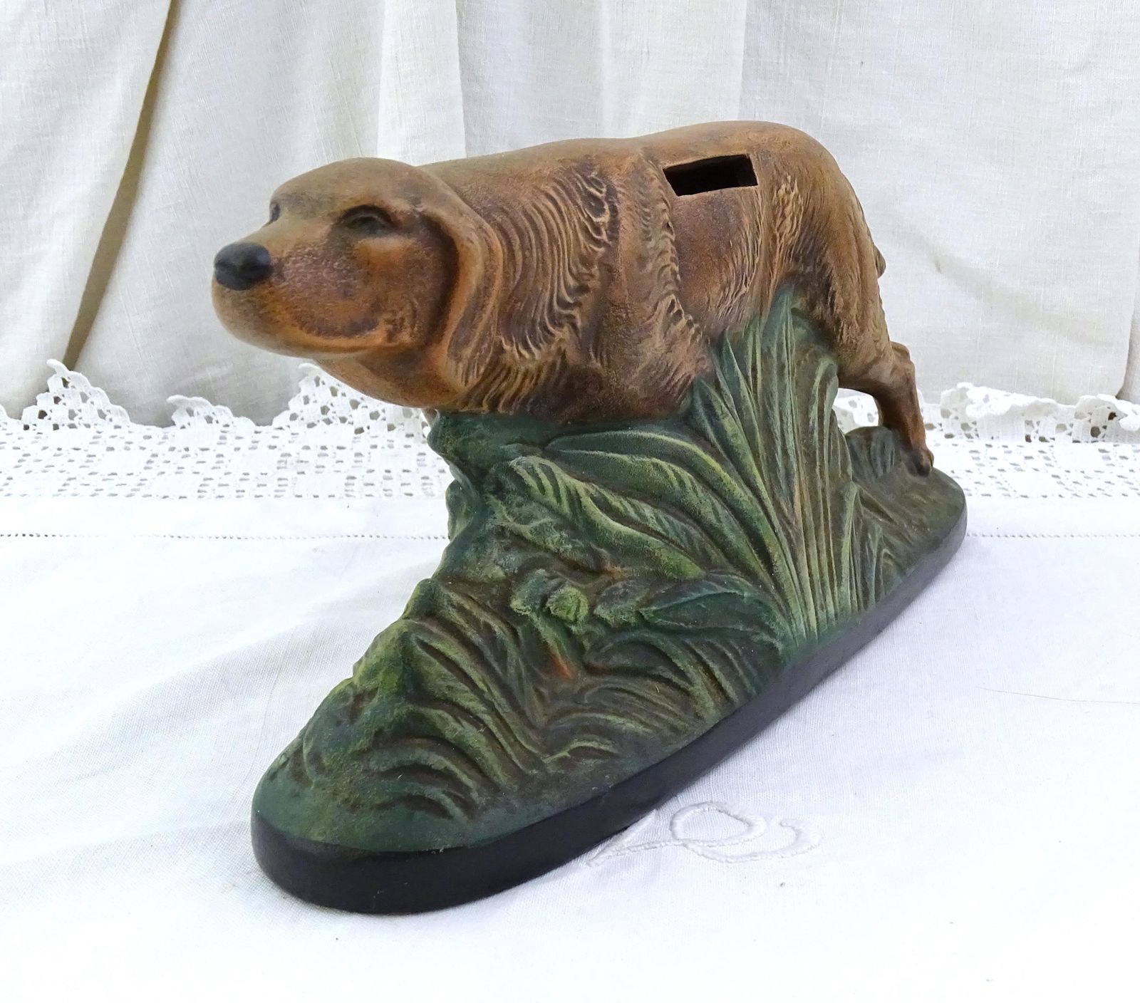 Vintage Pottery Hunting Dog Breakable Piggy Bank Cash Safe, Retro Irish Setter Ceramic Statue From France, Collectible Hunting Lodge Décor photo for sale