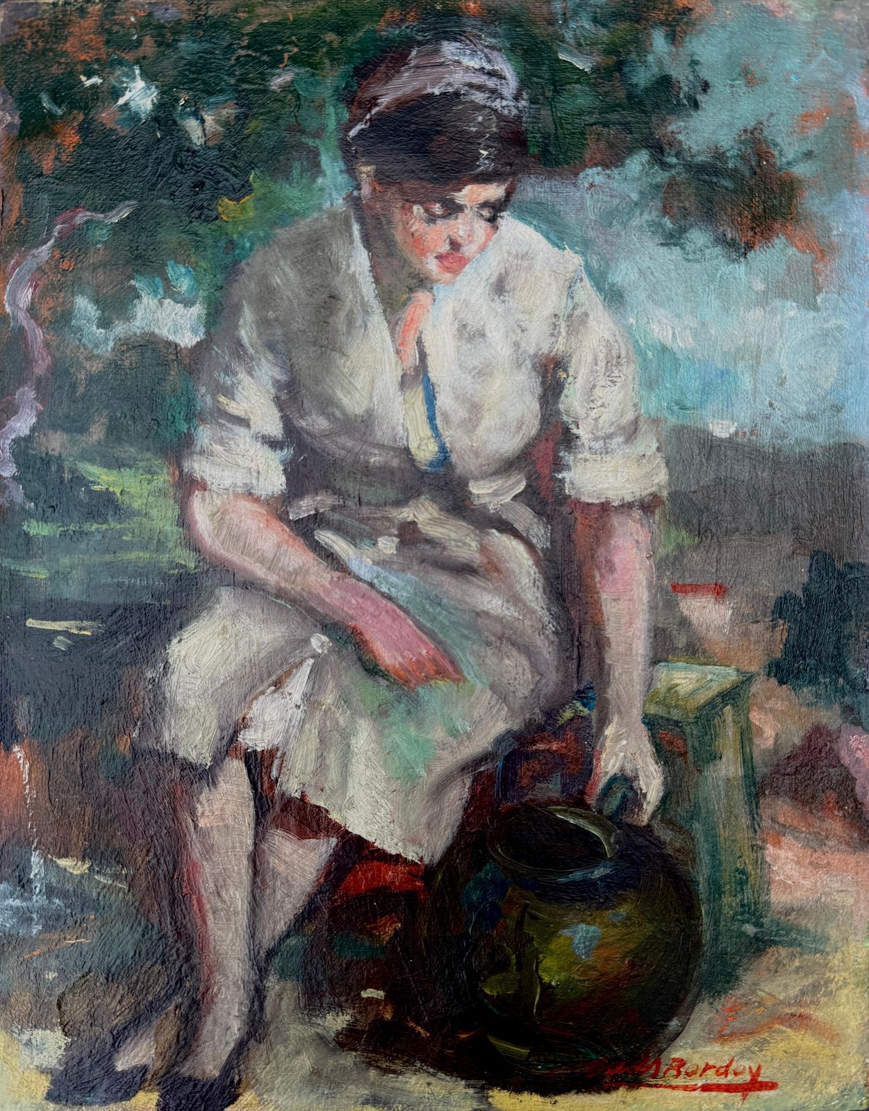 Antoni Valls Bordoy Woman With A Pitcher, Oil On Canvas C.1960