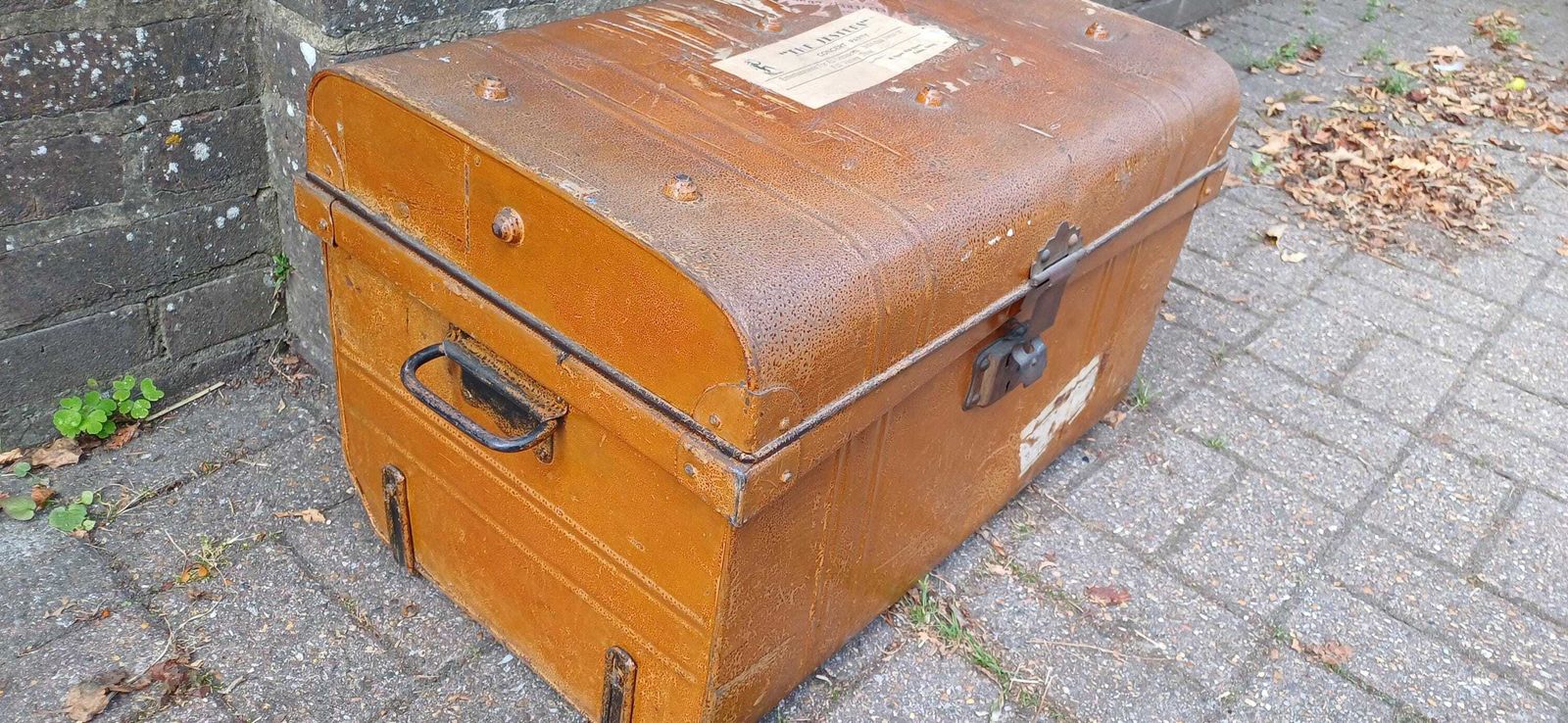 Vintage Victorian Industrial Metal Travel Trunk Storage Chest, Riveted Construction & Original Hardware –Quirky Coffee Table 'Jesters' Epson photo buy
