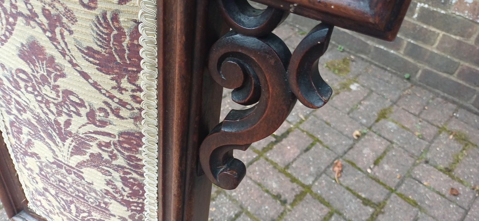 Antique Victorian Aesthetic Movement Nursing Chair With Ornate Carved Scrolls & T Shaped Upholstered Back C1870s Mahogany photo 350.0
