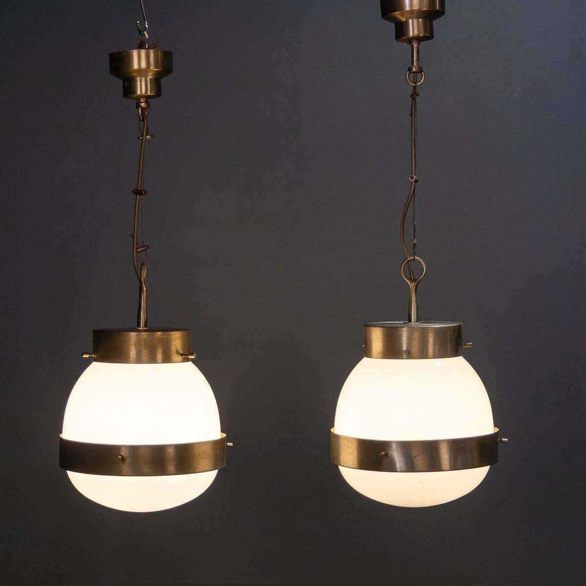 20thc Italian Pair Of "Delta" Opaline Pendant Lights By Sergio Mazza C.1960 photo vinterior