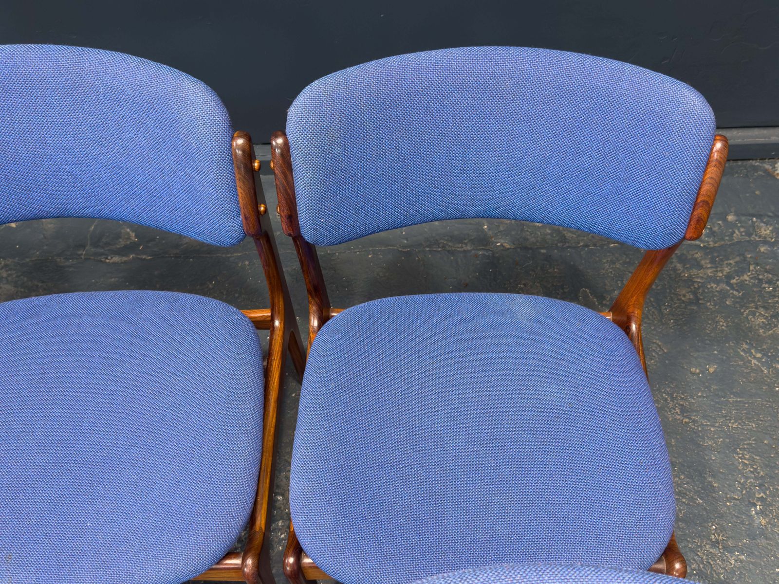 photo for sale Set Of 6 Erik Buch Model 49 Rosewood And Blue Upholstered Dining Chairs