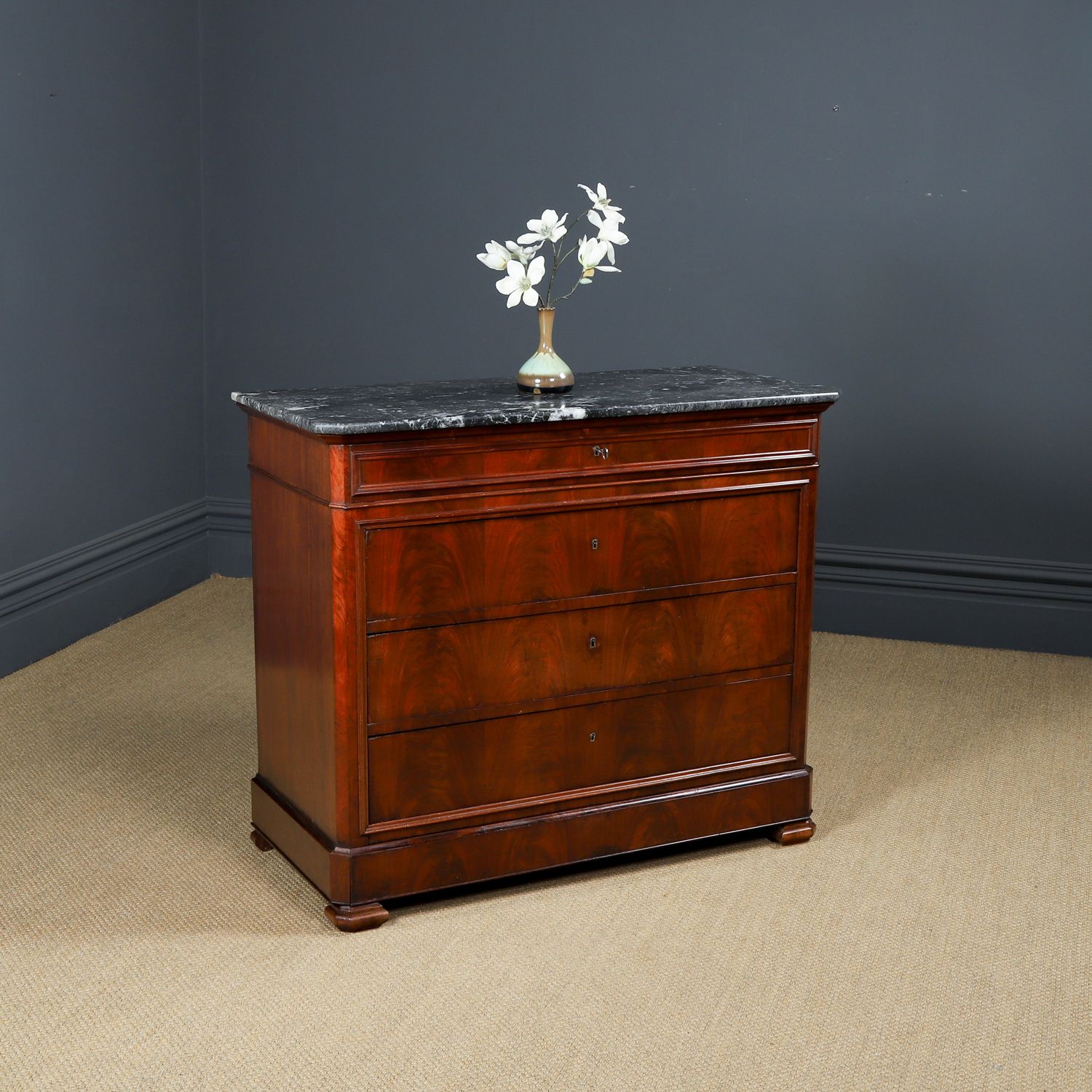 French Louis Philippe Biedermeier Flame Mahogany & Marble Bedroom Chest Of Drawers / Commode (Circa 1850)
