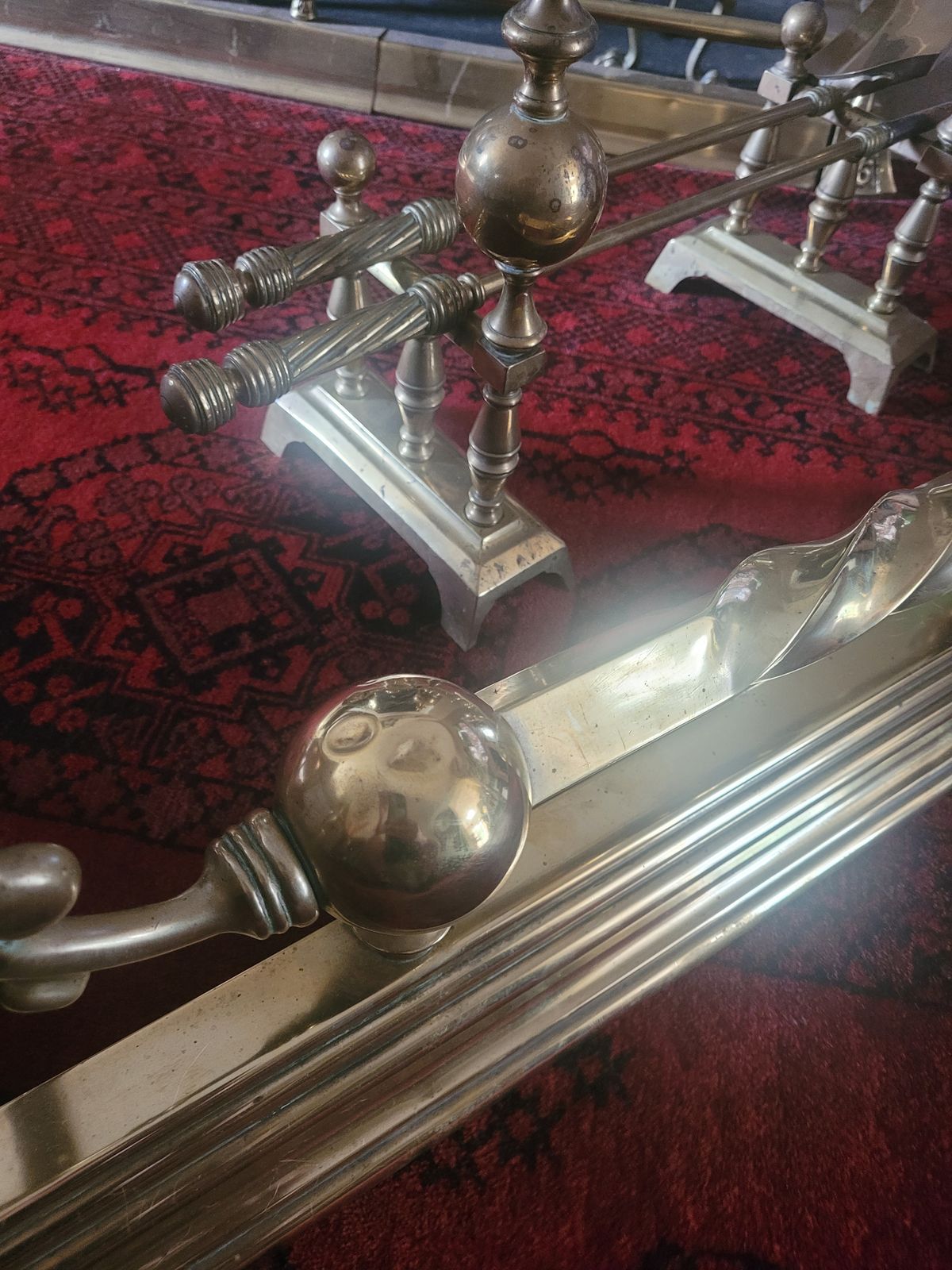 Art Nouveau Brass Fire Fender With Andirons Shovel And Poker photo 280.0