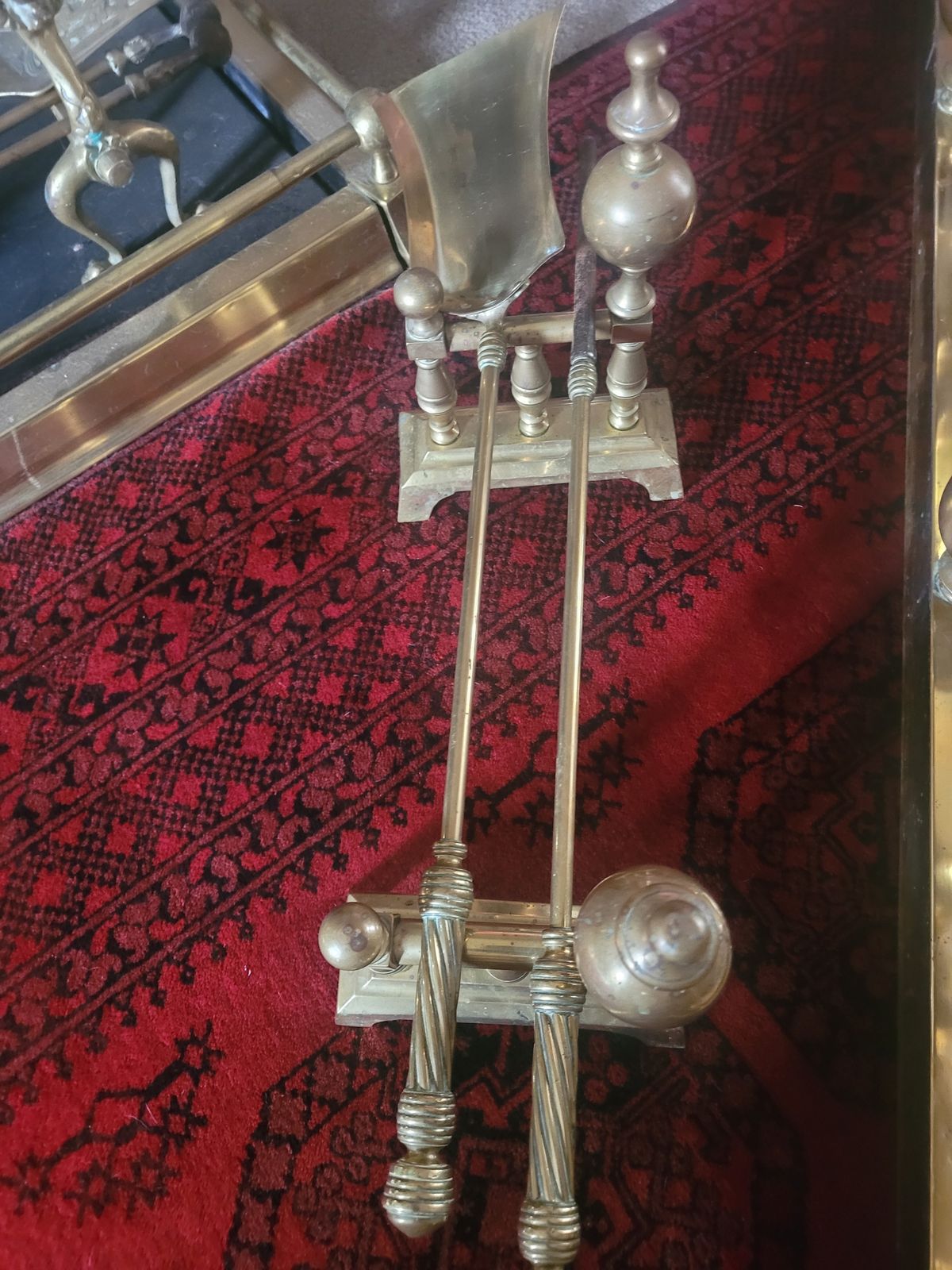 Art Nouveau Brass Fire Fender With Andirons Shovel And Poker photo vinterior