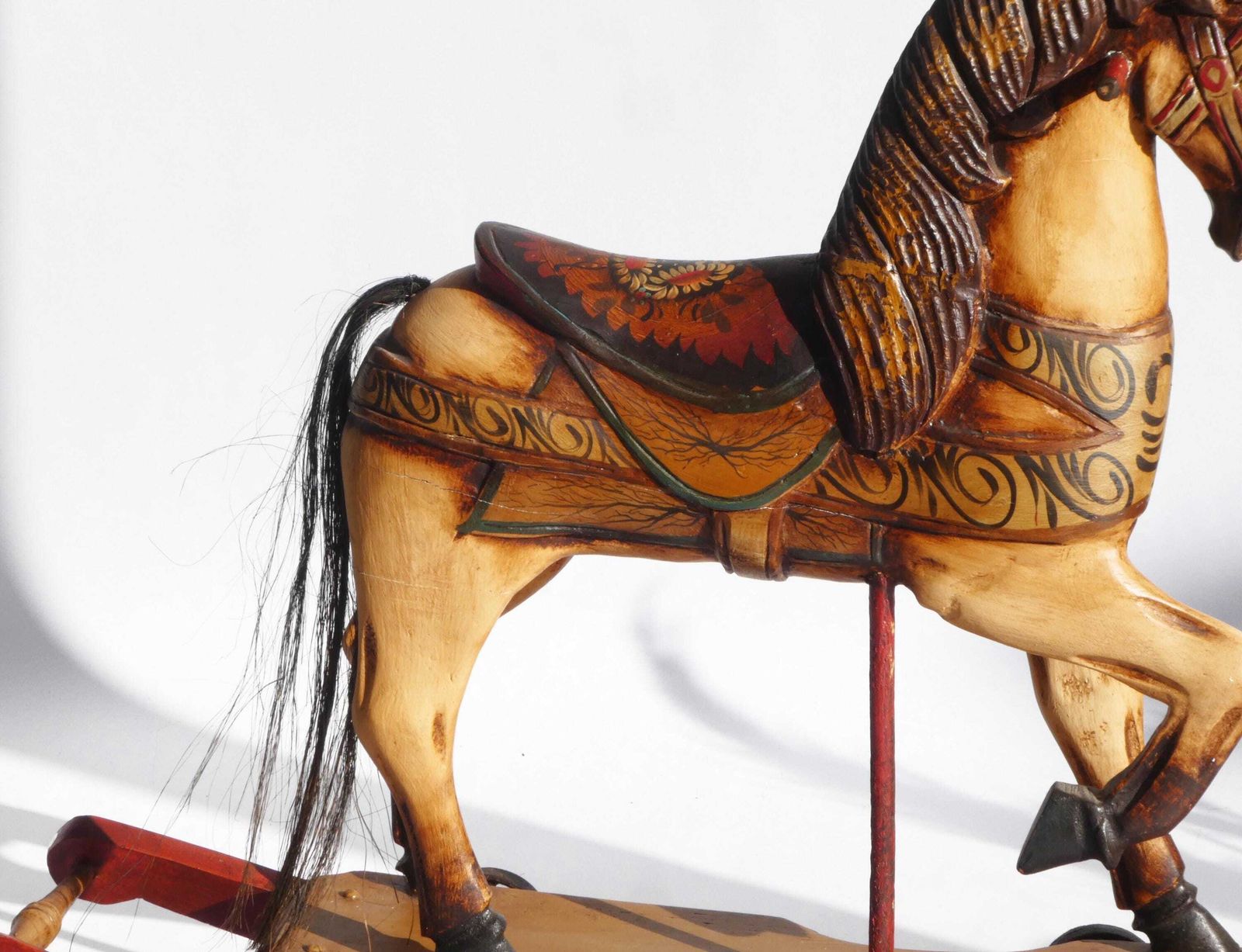 Wood Carved Rocking Horse With Glass Eyes, Carousel Horse With Floral Painted Details, Old Animal Toy On Wheels, Art Object photo vinterior