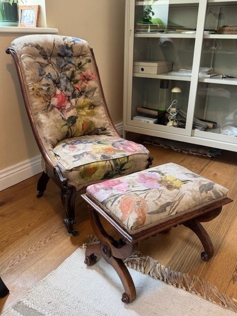 1880's Antique Chair Renovated And Upholstered With Matching Upholstered Footstool photo for sale