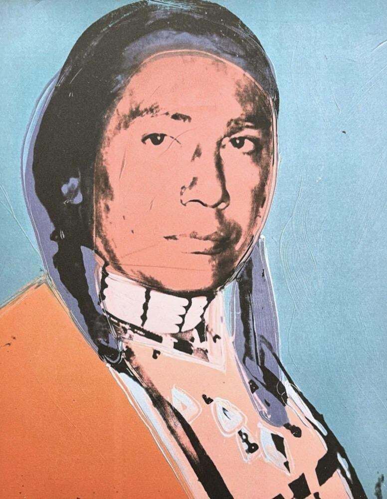 After Andy Warhol, Russell Means Blue Orange, 1980s, Lithograph photo furniture