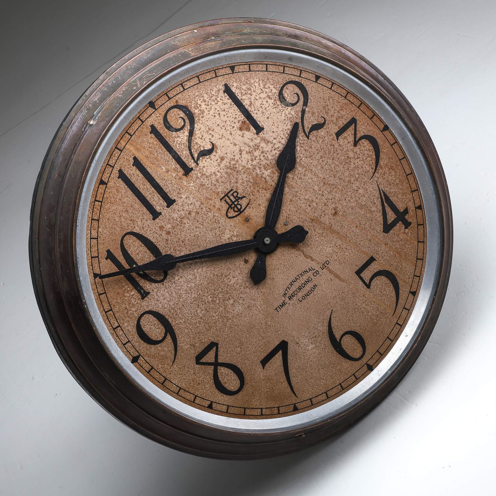 Large 28 Inch Aged Copper International Time Recordings Wall Clock photo for sale