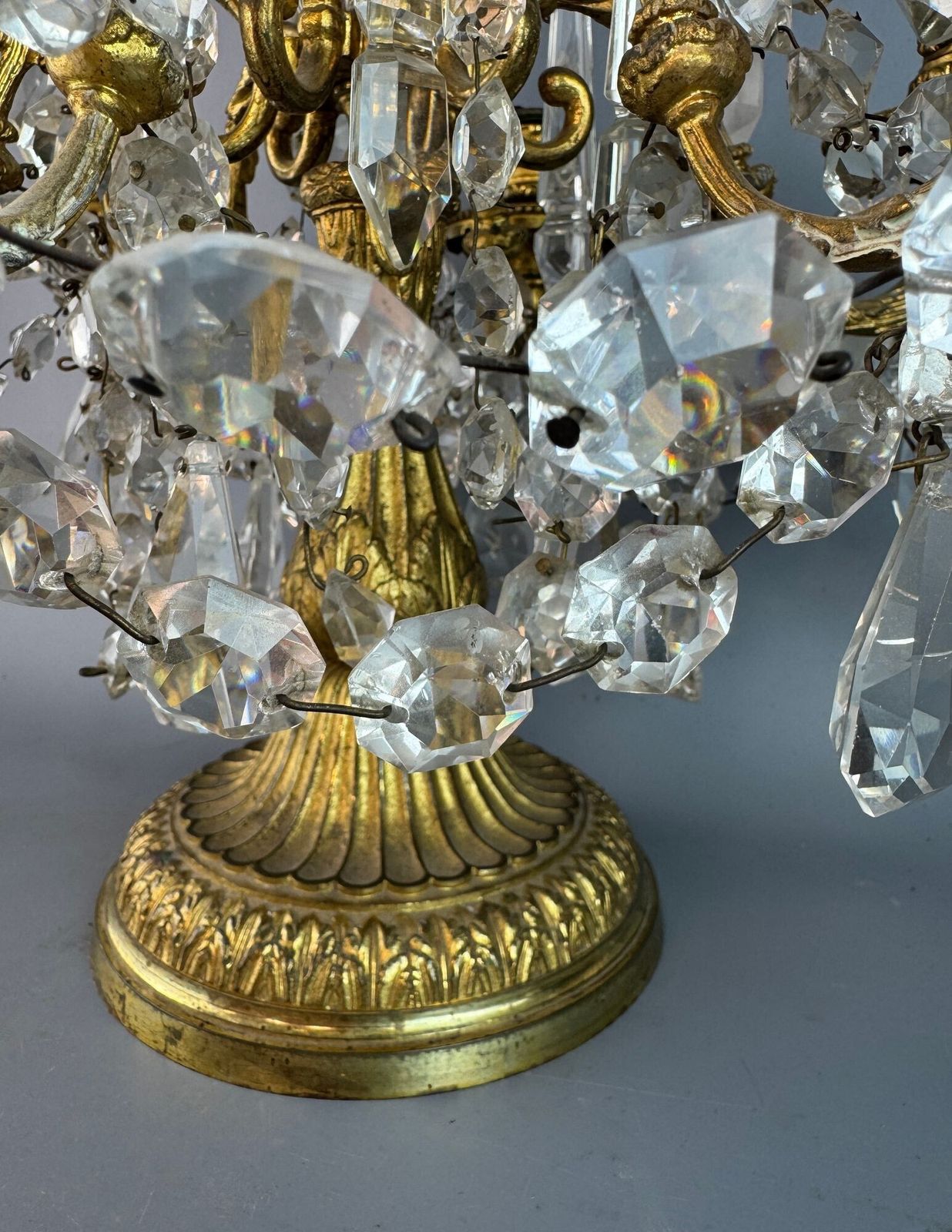 Large French Gilt Brass Table Lustre Candelabra Hung With Cut Glass Drops photo furniture