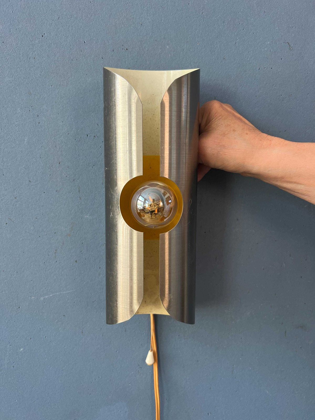 Vintage Brushed Steel Polam / Raak Space Age Wall Lamp photo vinterior