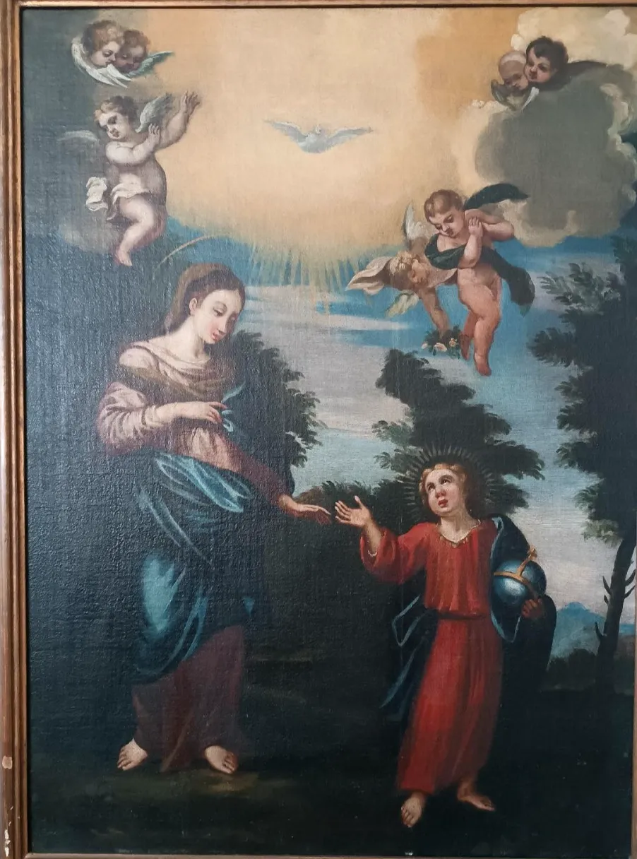Antique Oil Painting On Canvas Madonna With Child And Angels 18th Century photo Art