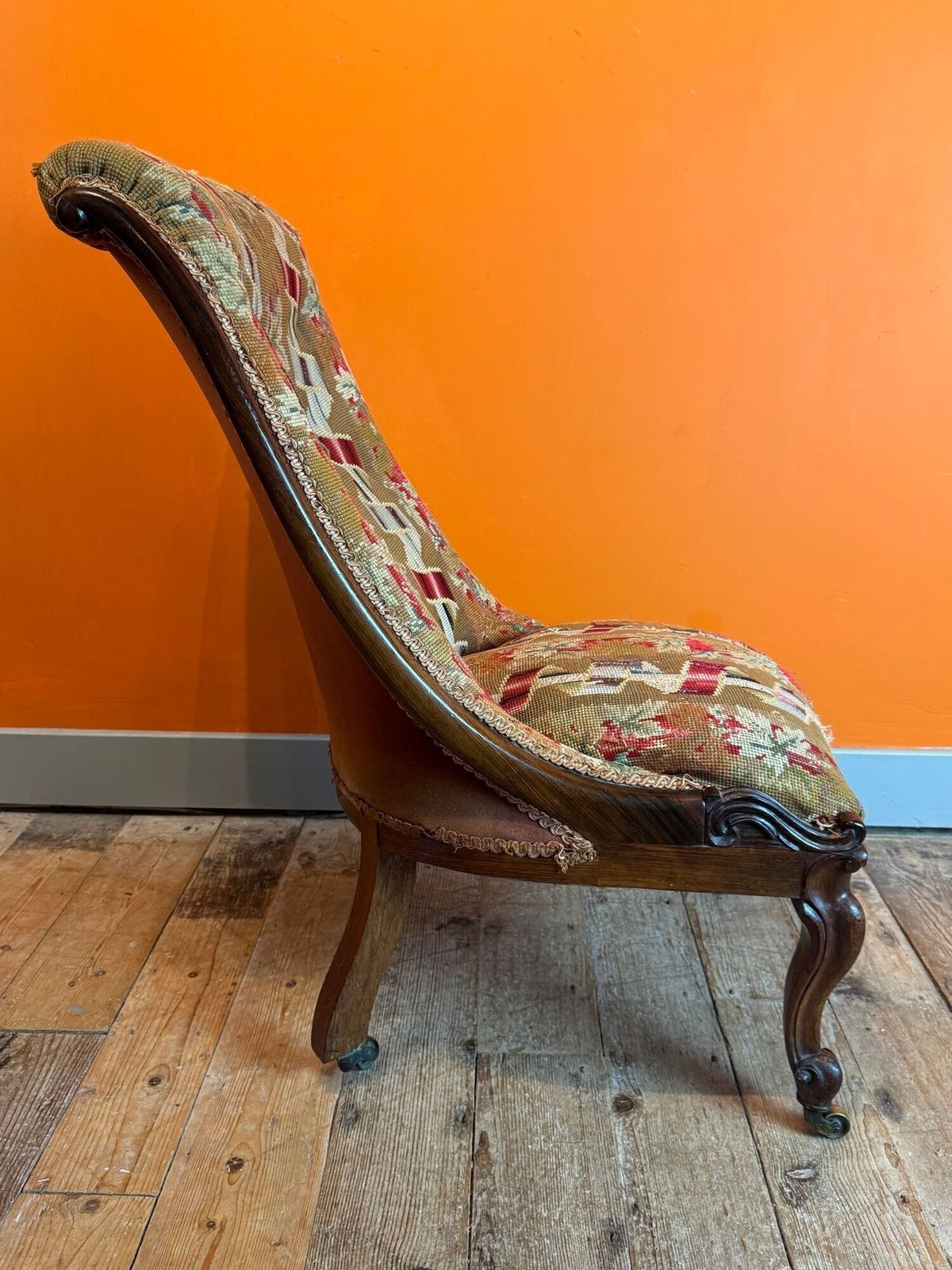 Early Victorian Upholstered Scroll Back Occasional Chair photo for sale