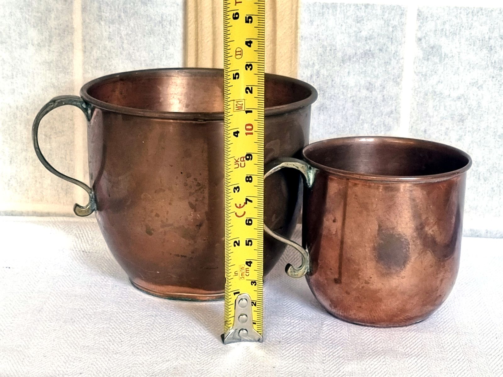 Antique Copper Mugs, Kitchen Display, French Country Decor photo for sale