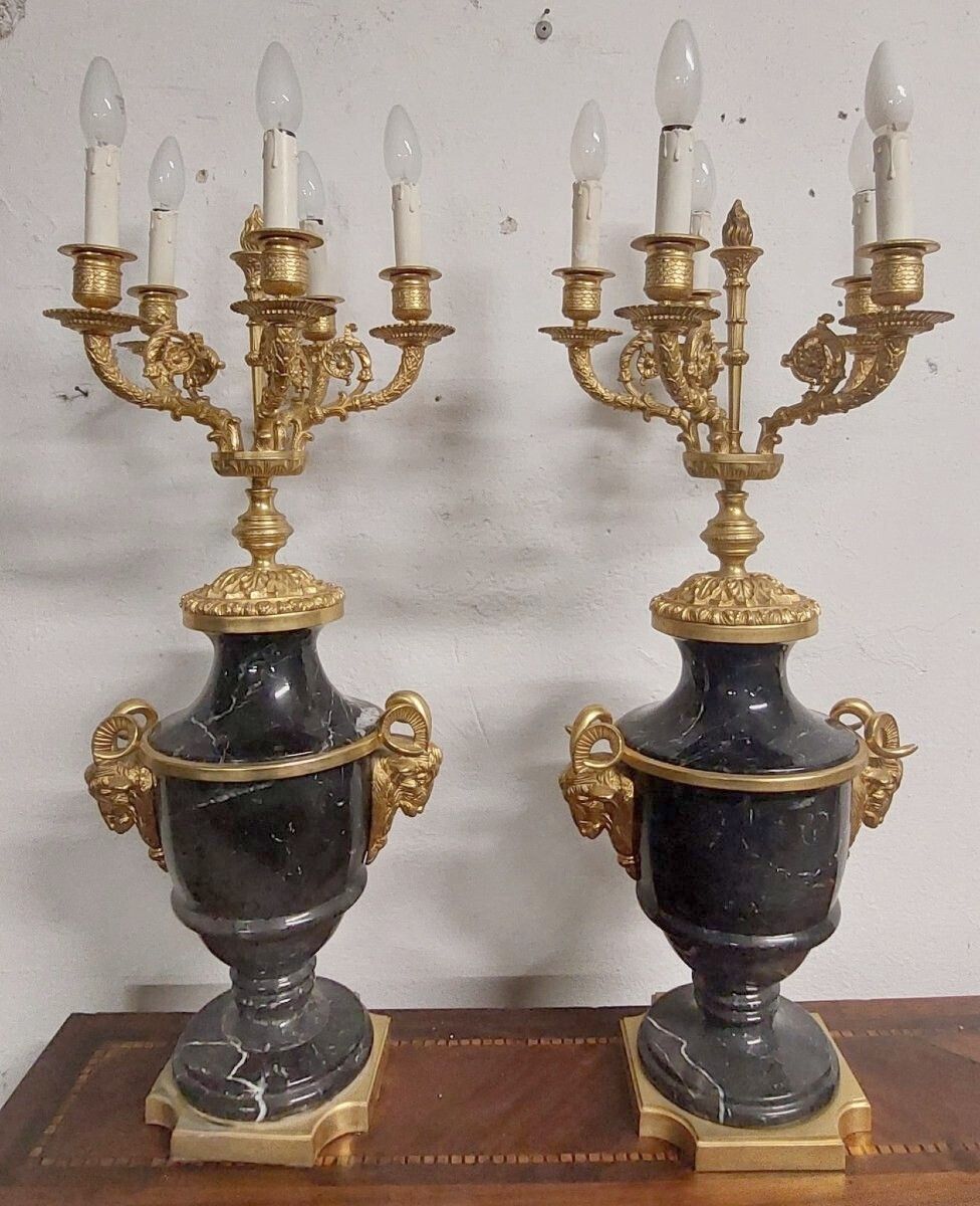 Pair Of Large Napoleon III Style Candelabras In Black Belgian Marble And Gilded Bronze photo vinterior
