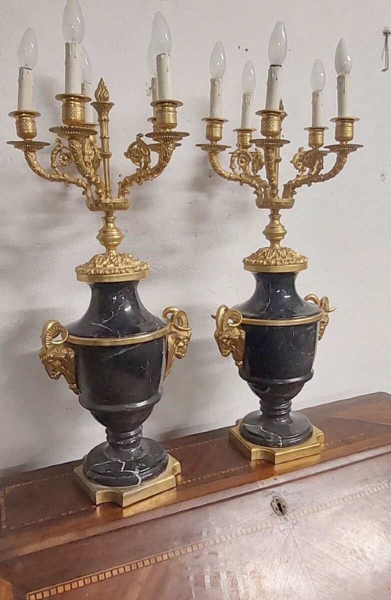 Pair Of Large Napoleon III Style Candelabras In Black Belgian Marble And Gilded Bronze photo buy