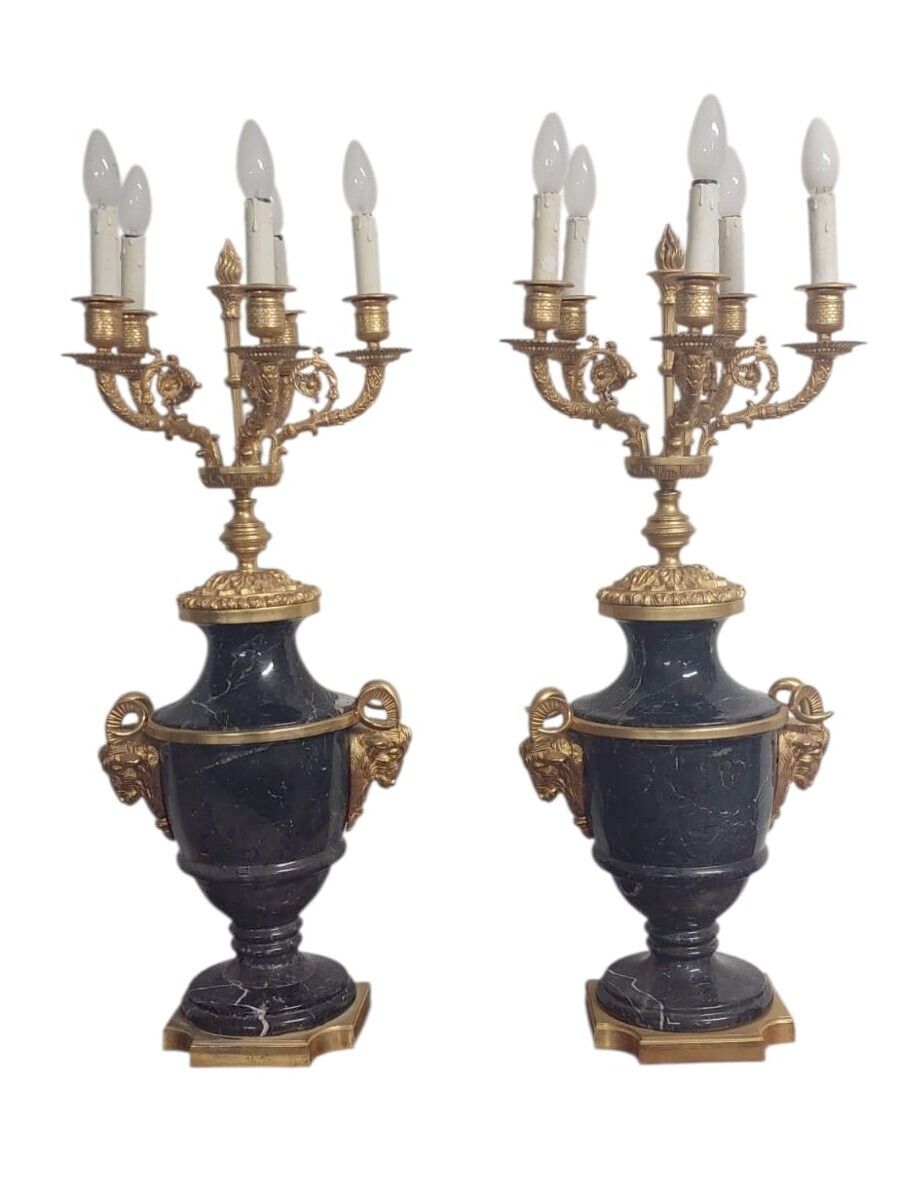 photo for sale Pair Of Large Napoleon III Style Candelabras In Black Belgian Marble And Gilded Bronze