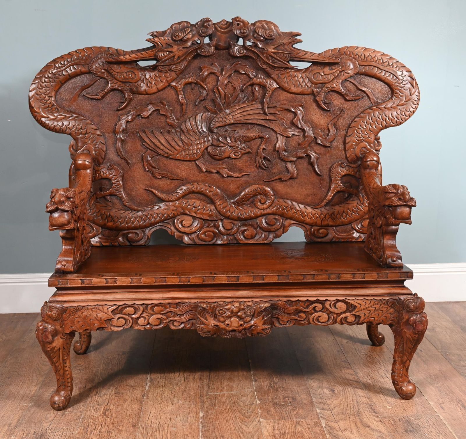 Chinese Dragon Bench Carved Seat Cinnabar Lacquer 1860 photo for sale